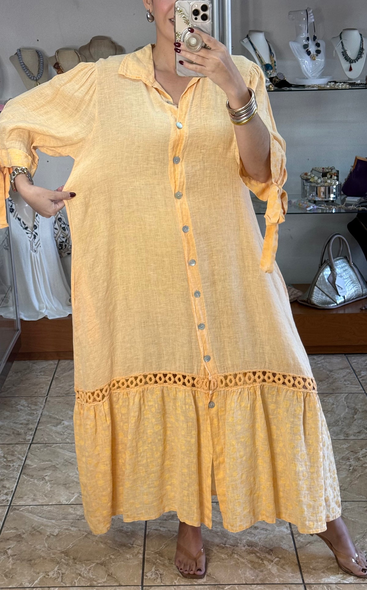OS Linen/Polka Button Down Maxi Dress (NO RETURNS OR EXCHANGE)