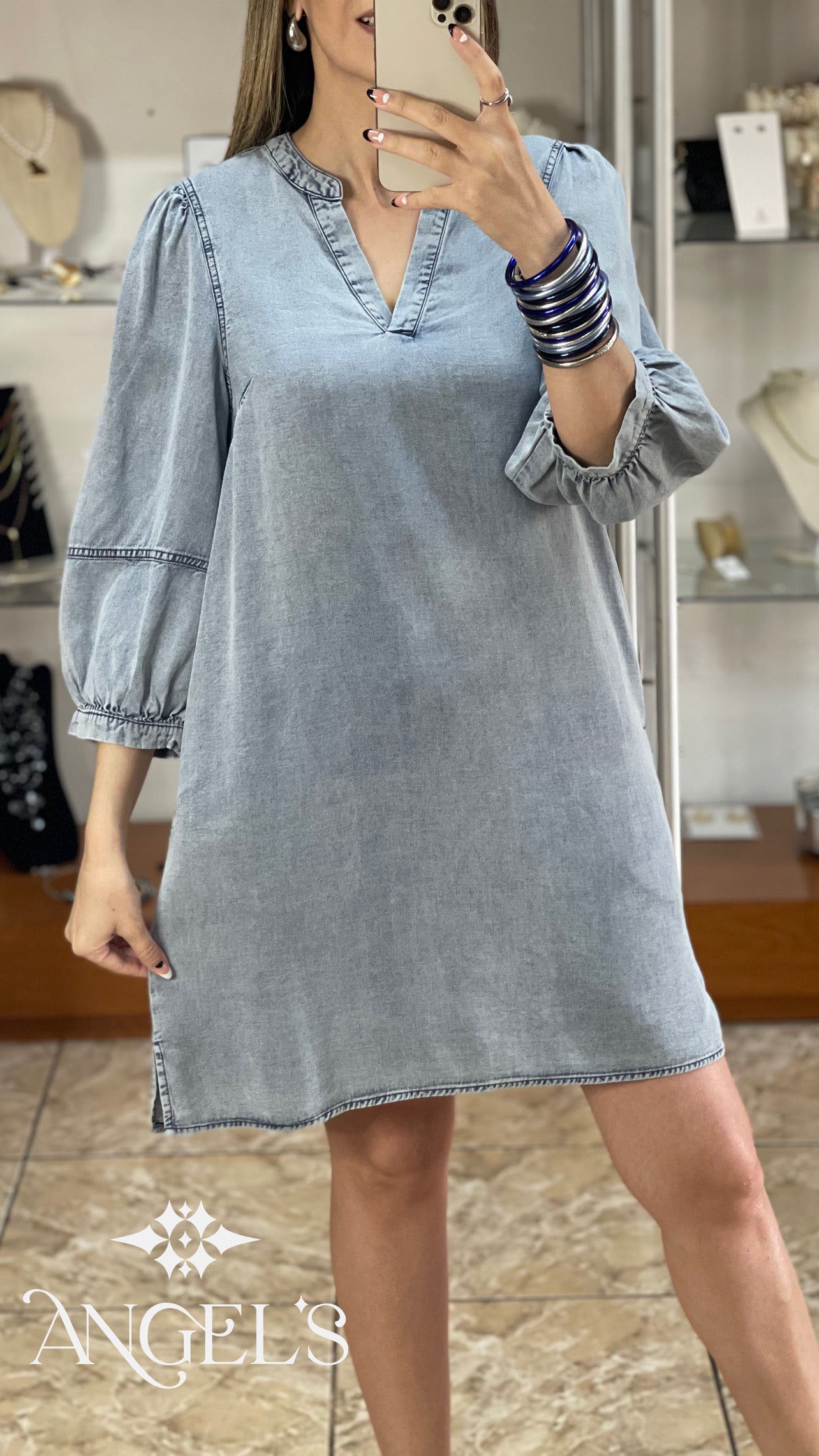 Washed Denim 3/4 Sleeve Dress