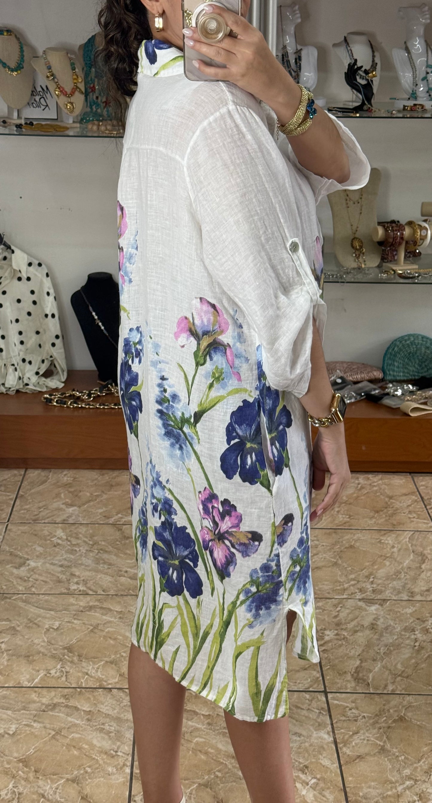 Blue Flowers OS Linen Dress (NO RETURNS OR EXCHANGE)