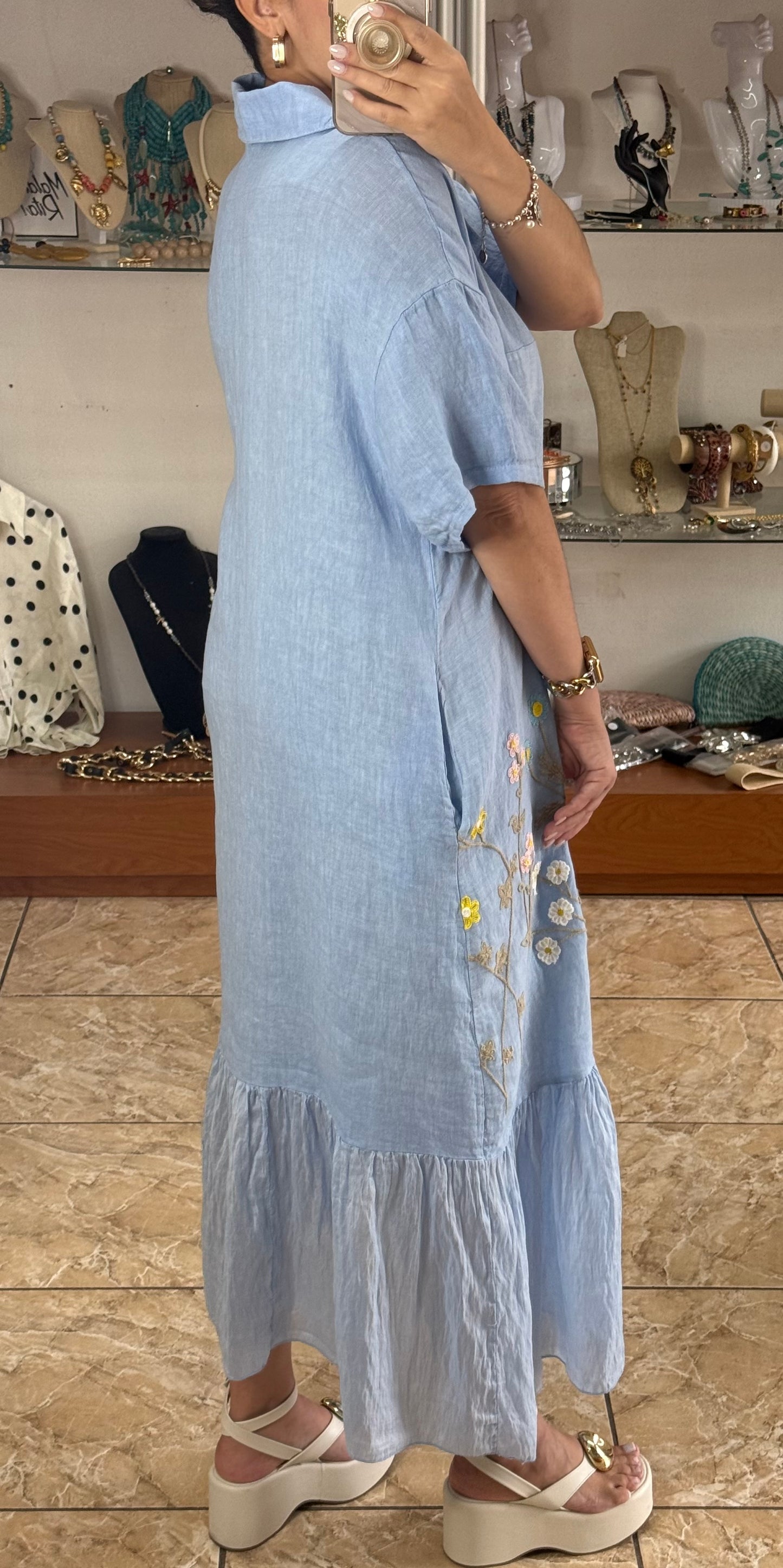 Floral Embroidered OS Linen Dress (NO RETURNS OR EXCHANGE)