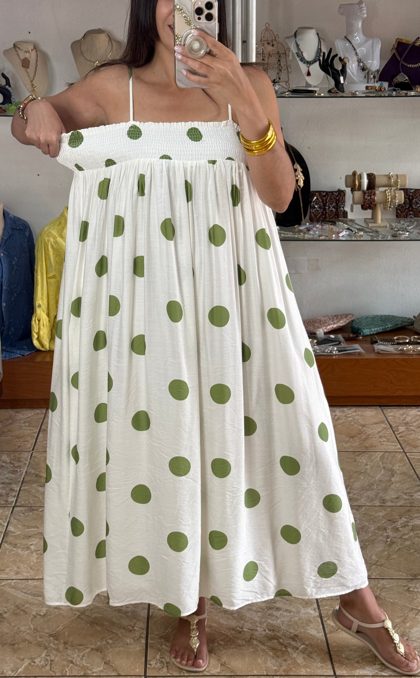 Cream/Green Polkadot Dress