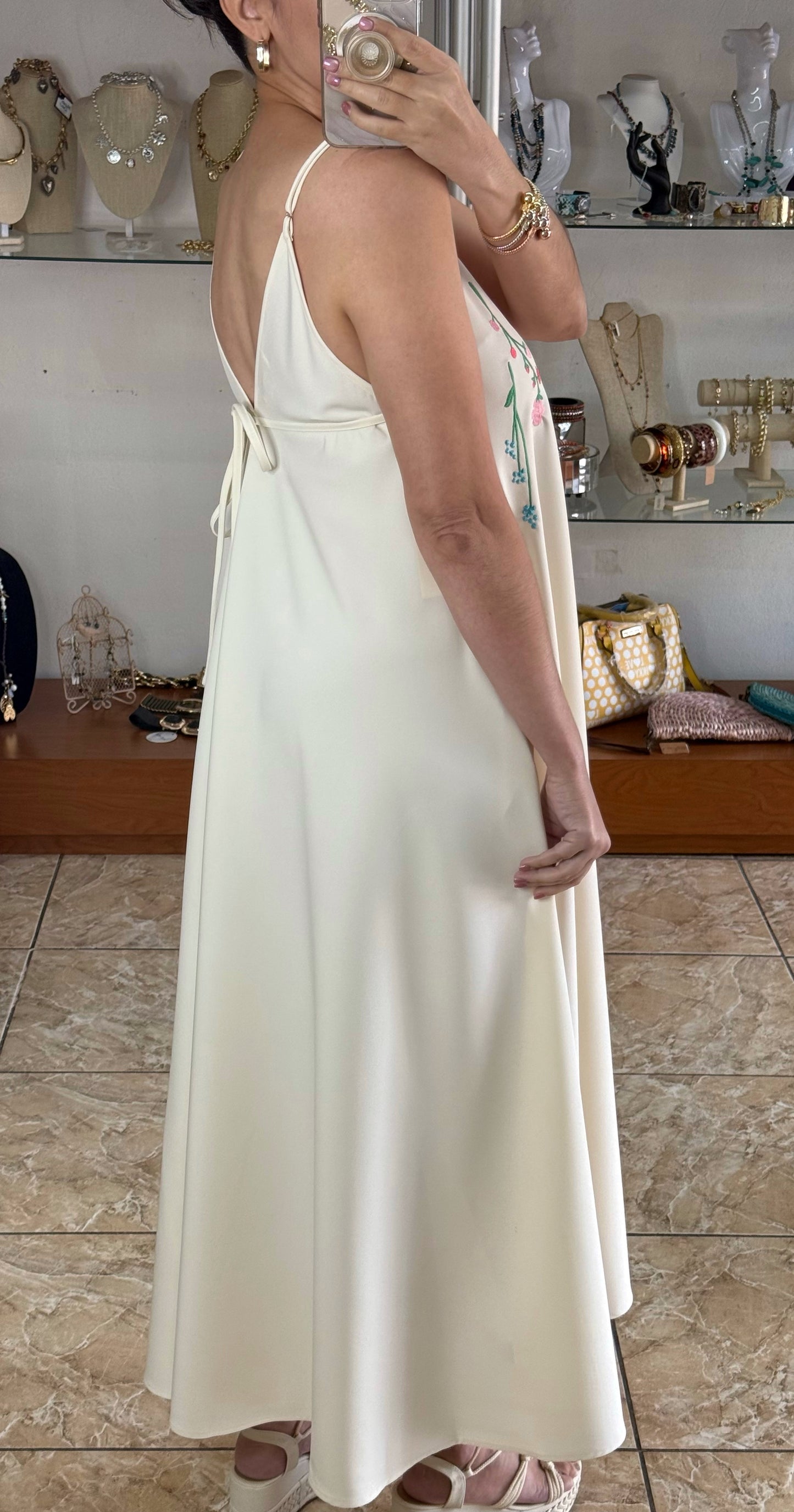 Cream Maxi Floral Embroidered Dress