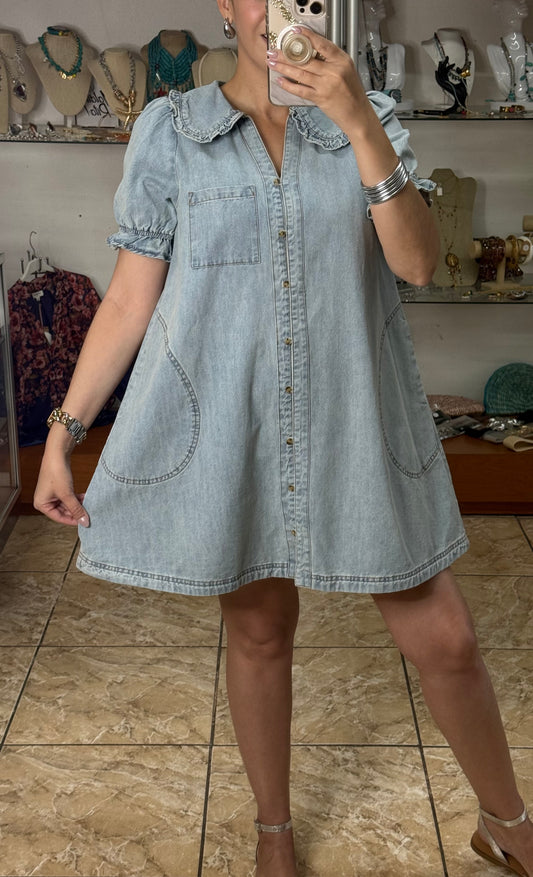 Peter Pan Neckline Denim Dress