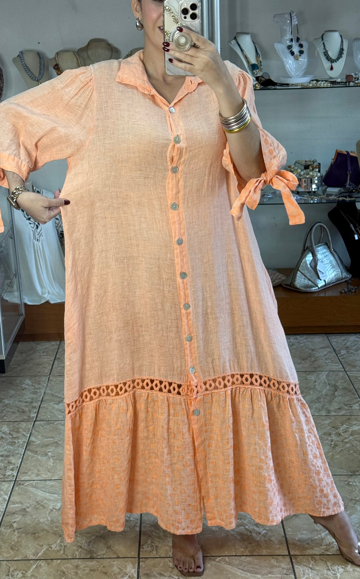 OS Linen/Polka Button Down Maxi Dress (NO RETURNS OR EXCHANGE)