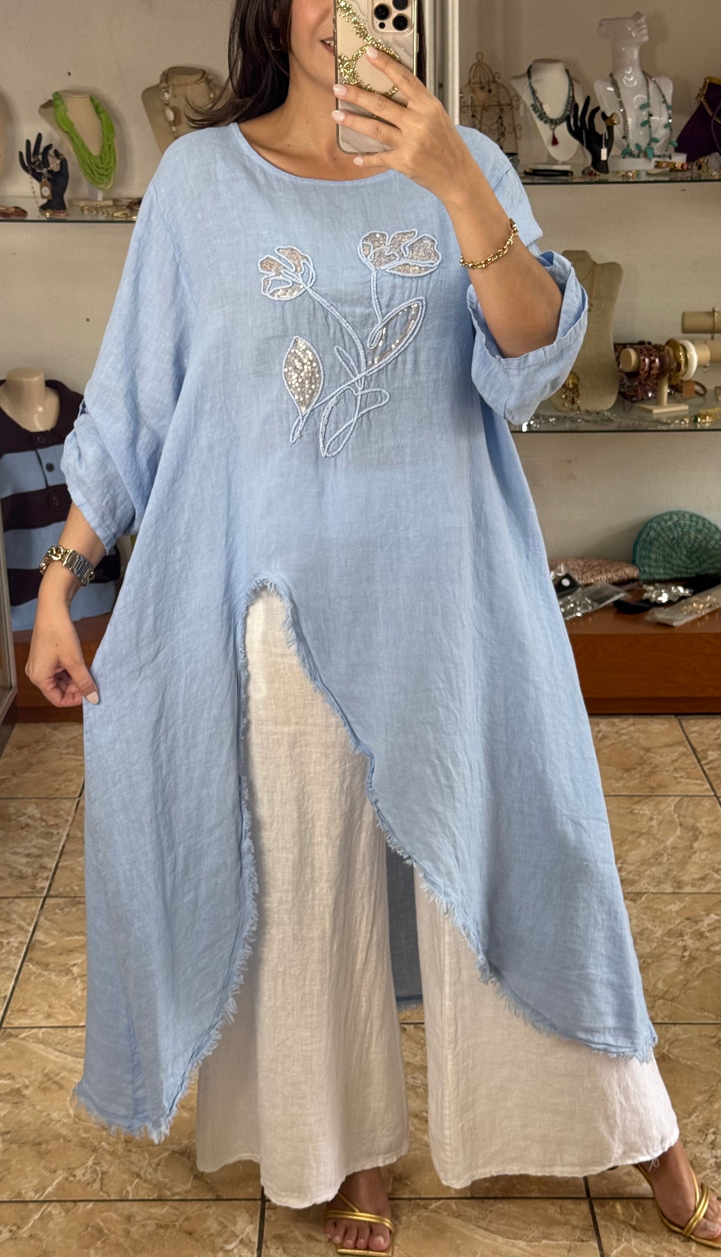 OS Asymmetrical Linen/Sequins Top (NO RETURNS OR EXCHANGE) (PANT SOLD SEPARATELY)