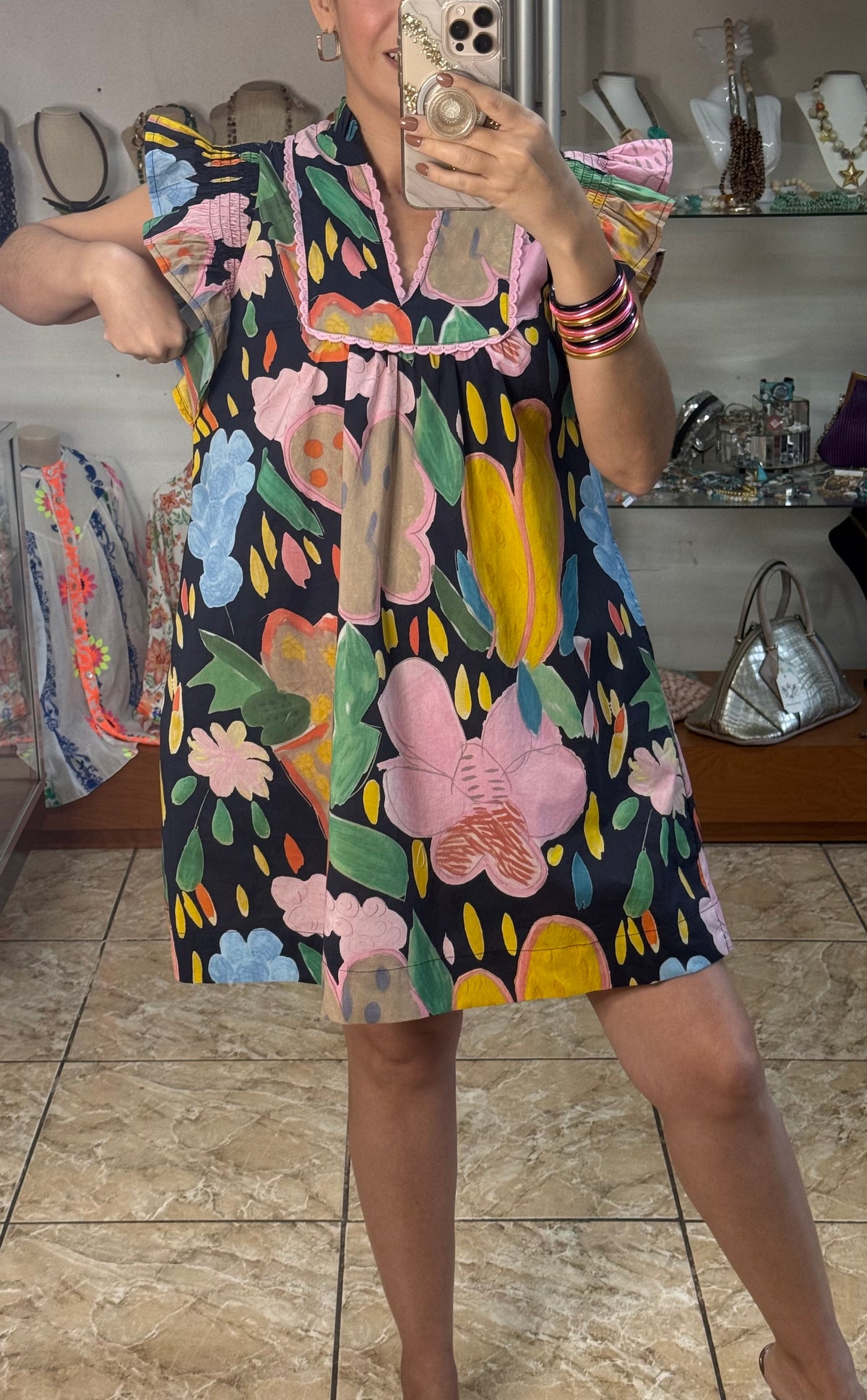 Navy Floral Flutter Sleeves Mini Dress