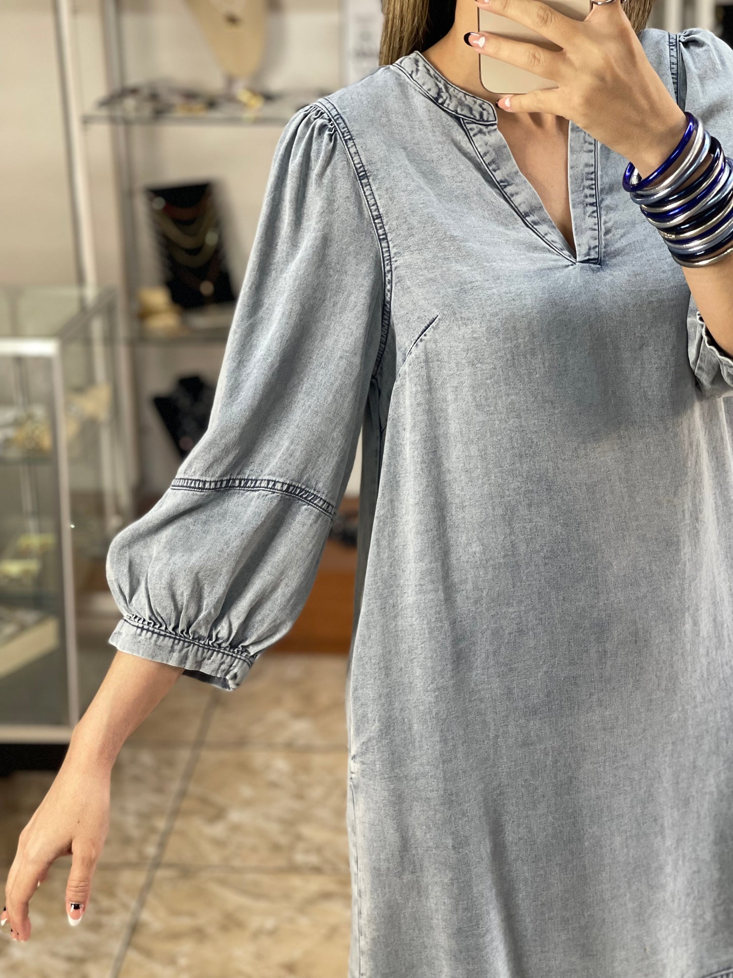 Washed Denim 3/4 Sleeve Dress