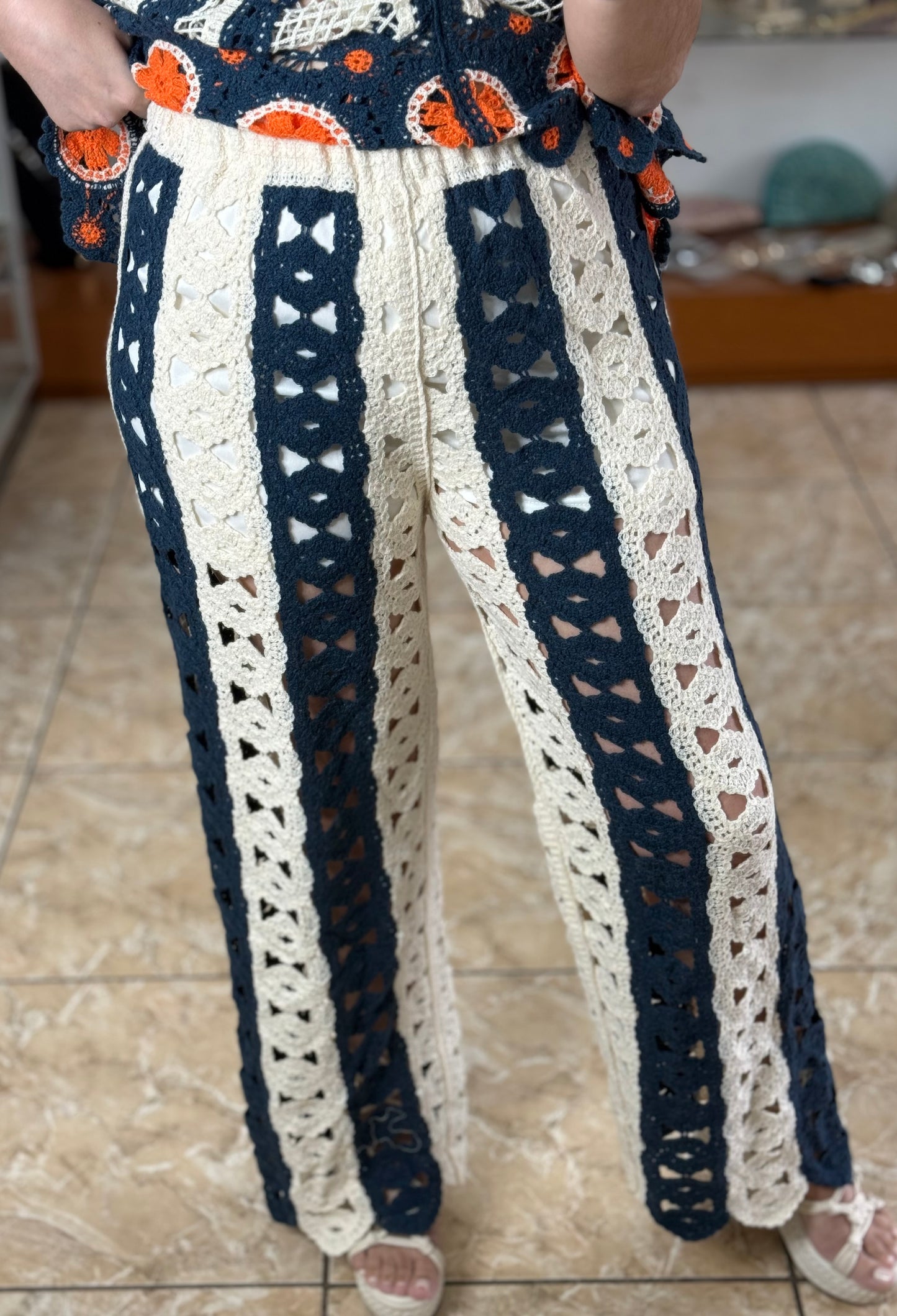 Cream/Navy OS Crochet Pant (NO RETURNS OR EXCHANGE) (TOP SOLD SEPARATELY)