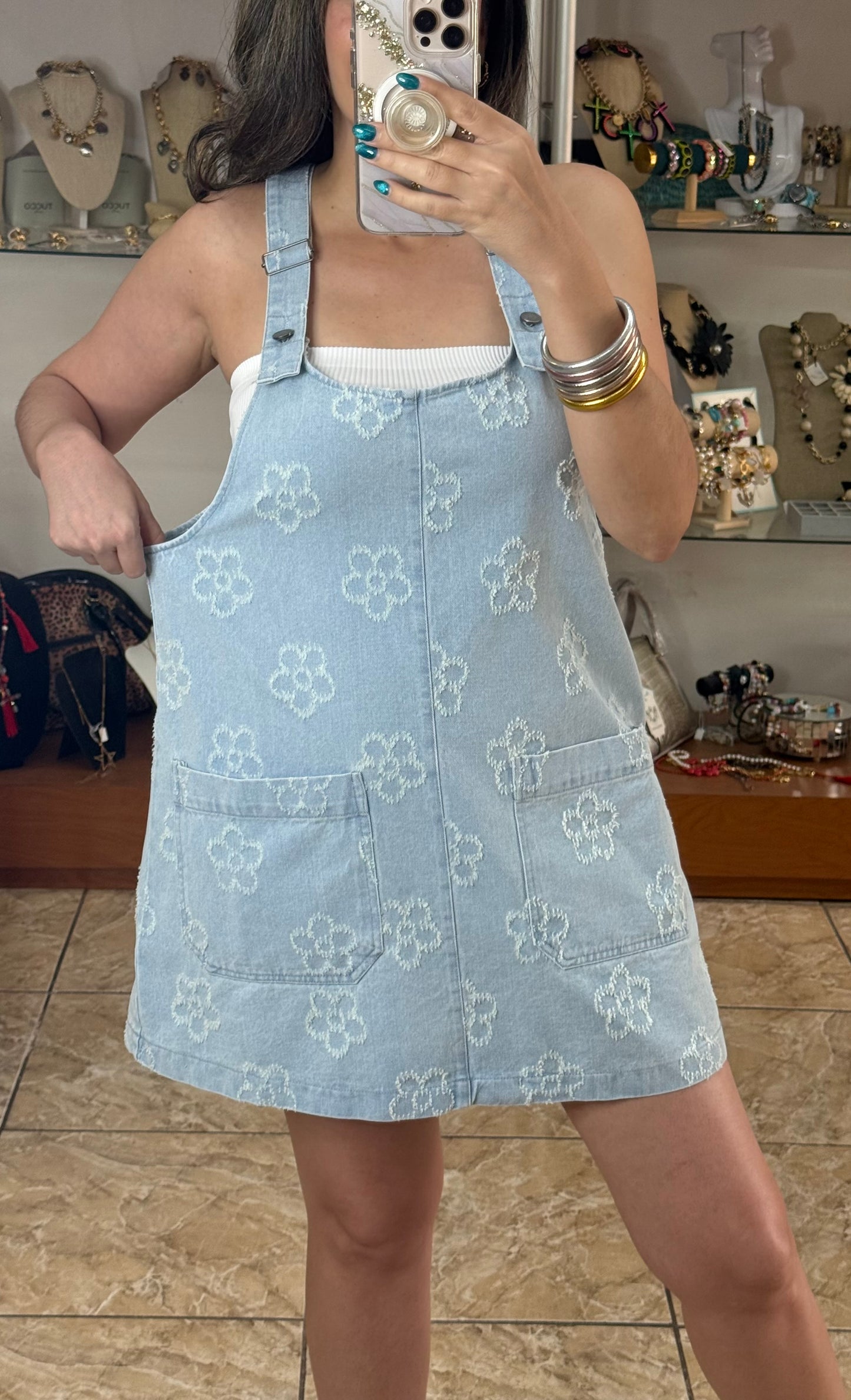 Floral Denim Overall Dress