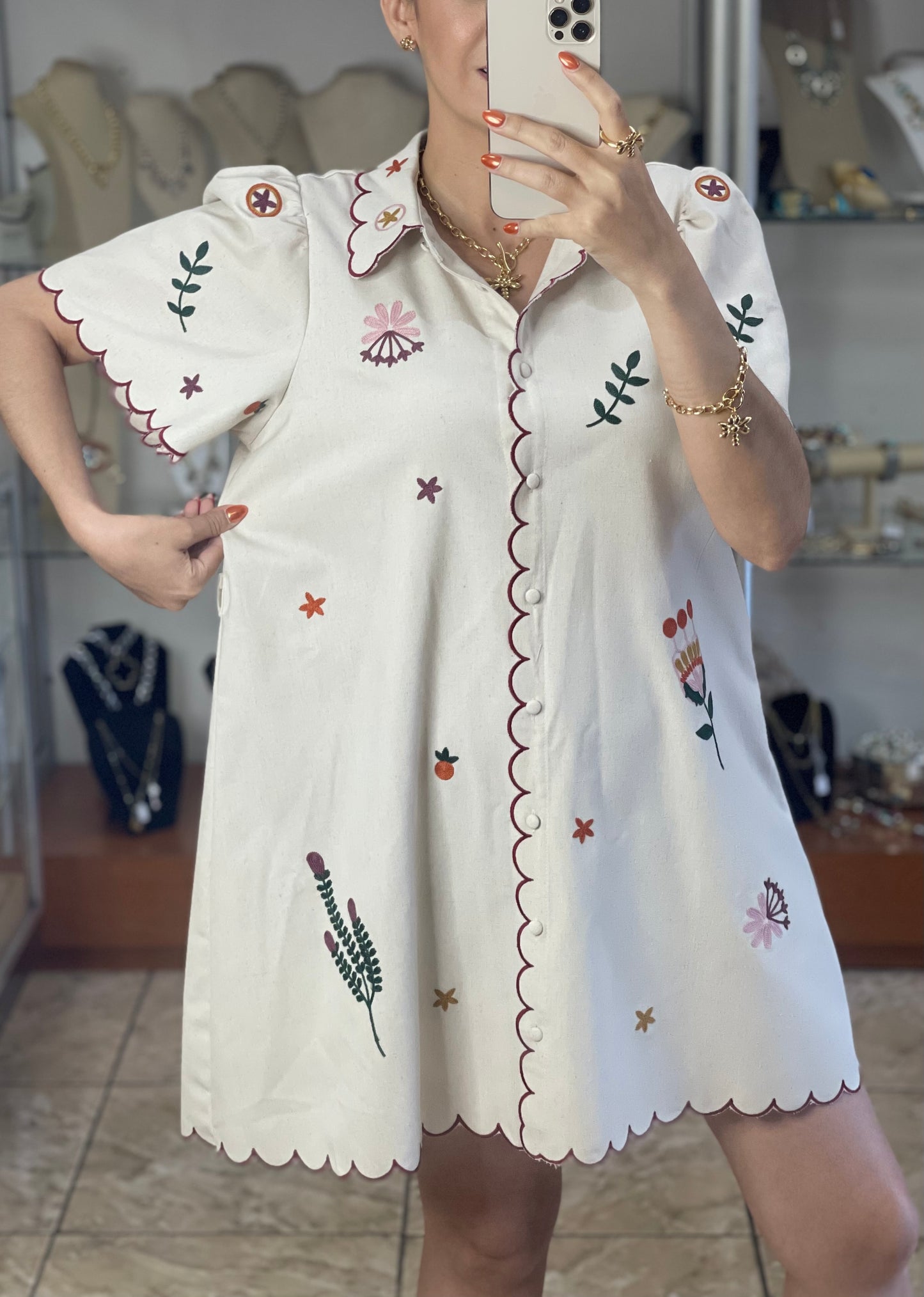 Oatmeal Embroidered Mini Dress