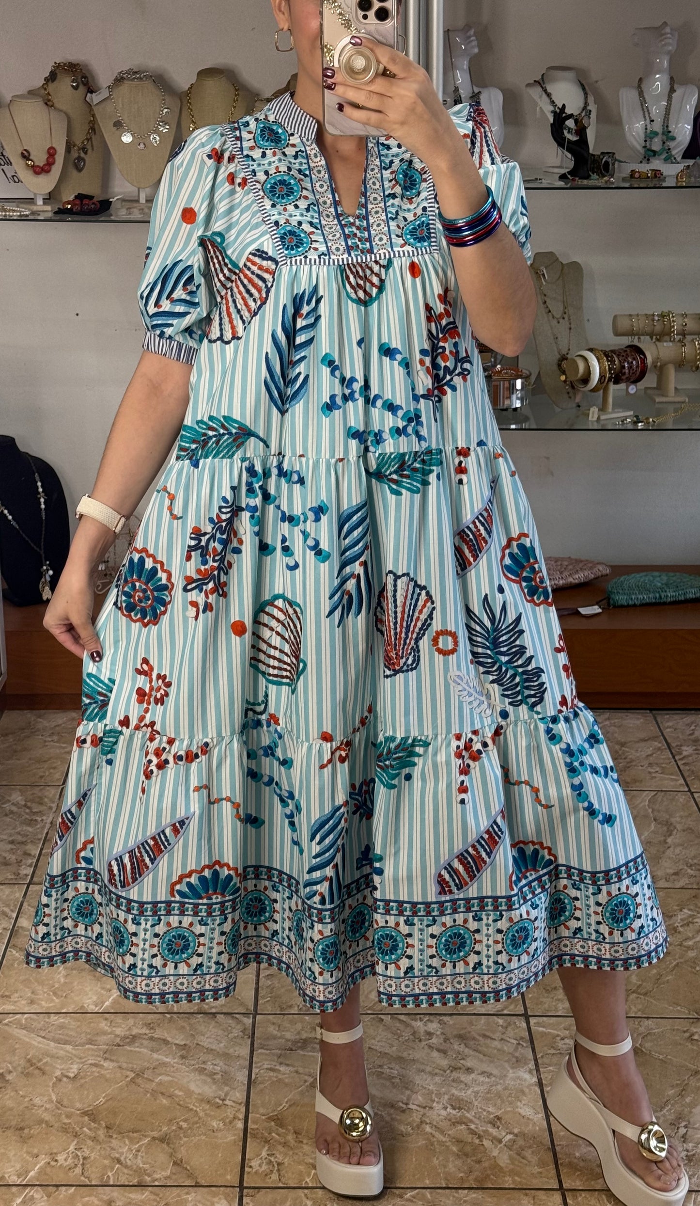 Blue Stripes and Shells Midi Dress