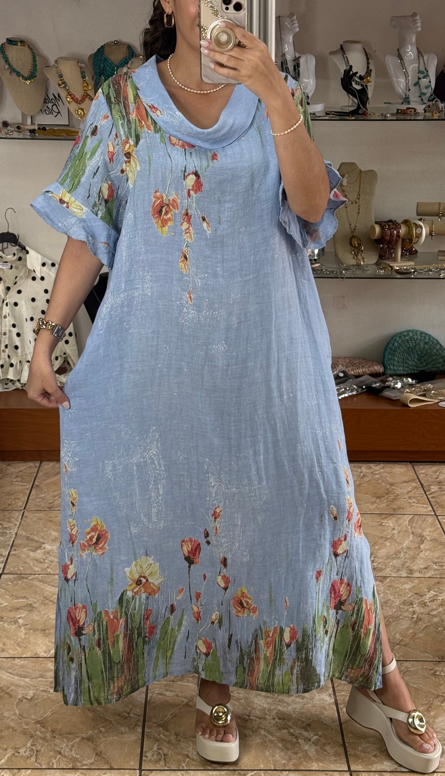 Orange Flowers OS Linen Maxi Dress (NO RETURNS OR EXCHANGE)