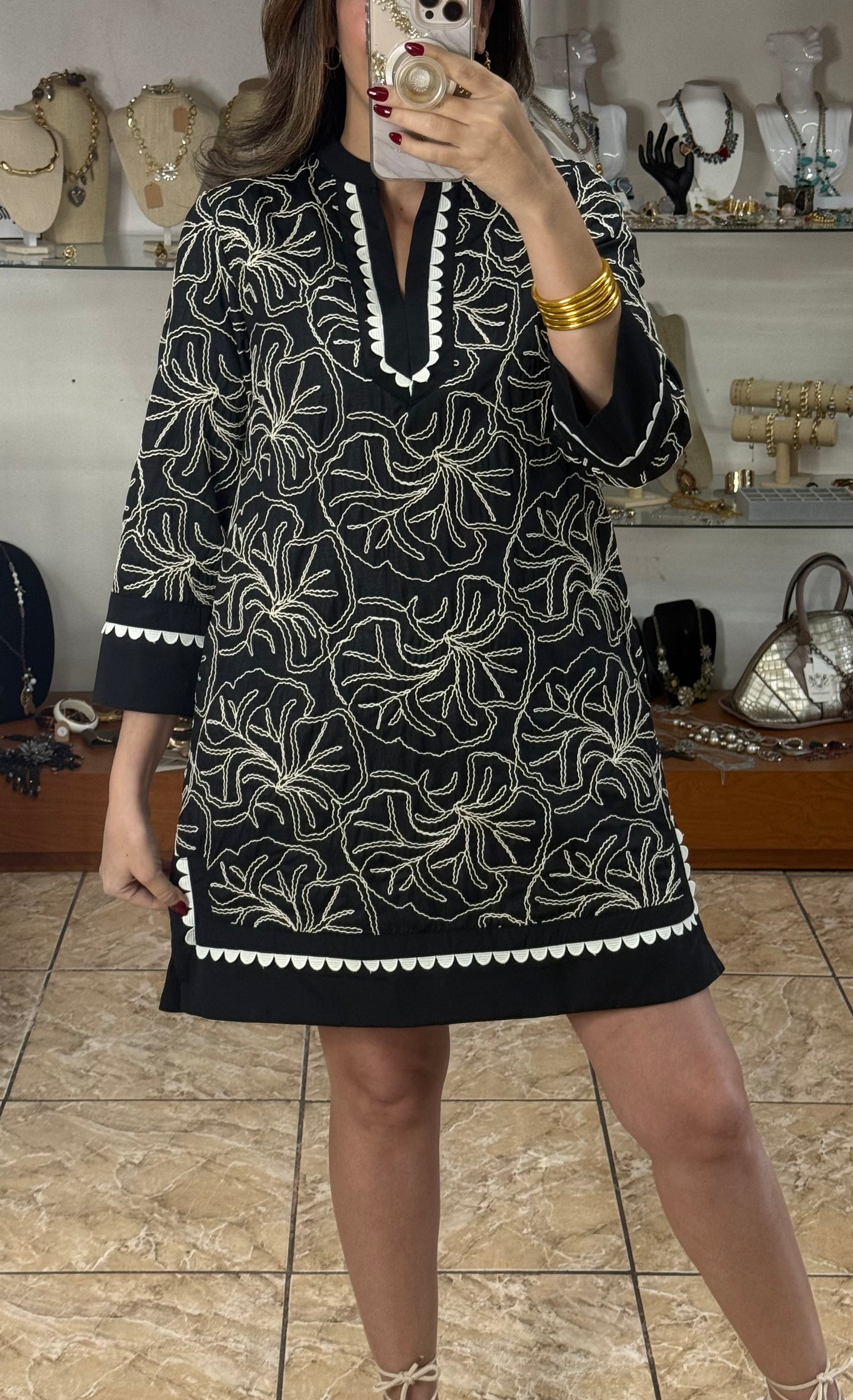 Black Embroidered Mini Dress