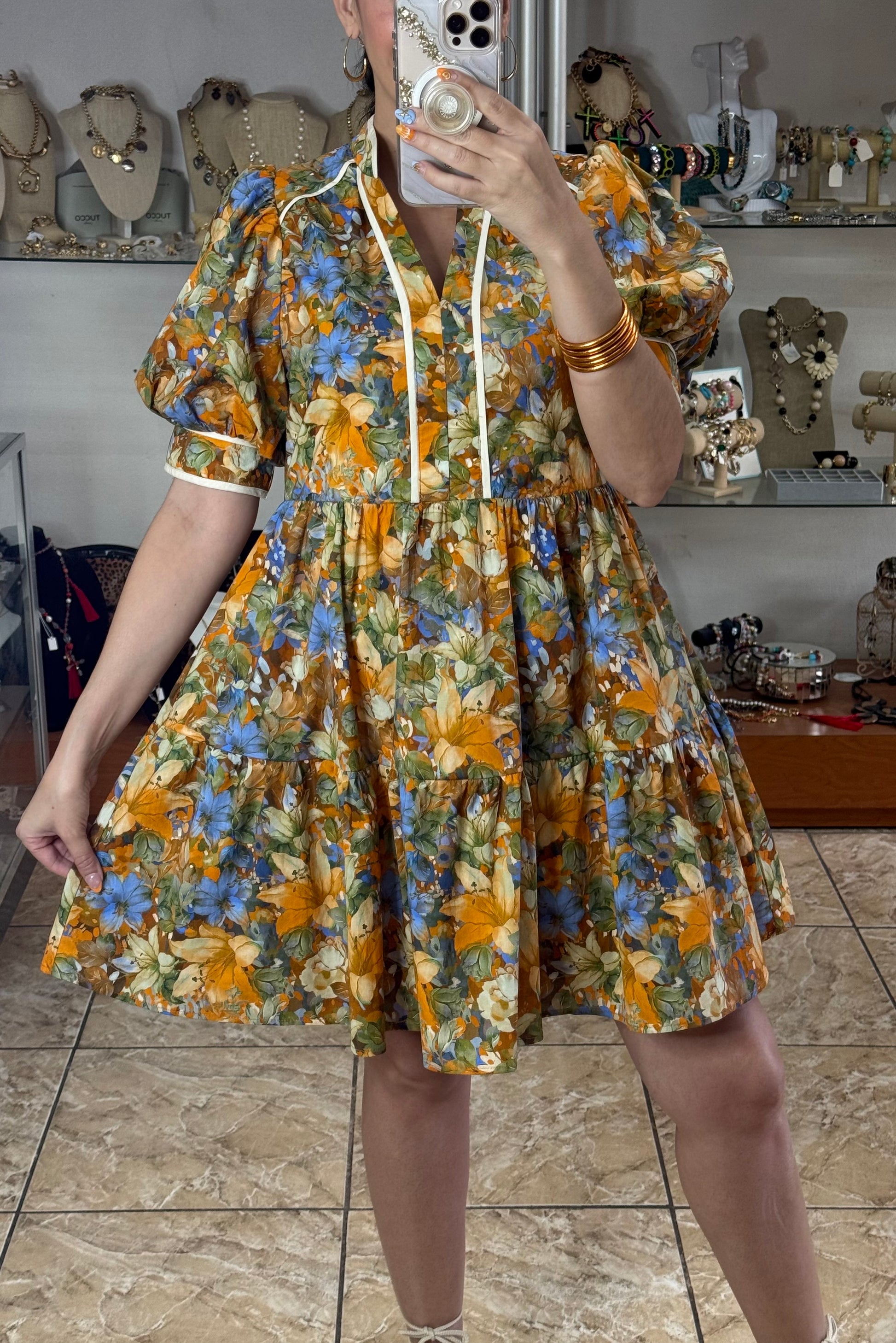 floral puff sleeve doll mini dress Colorful Floral Print Babydoll Puff Sleeve Mini Dress