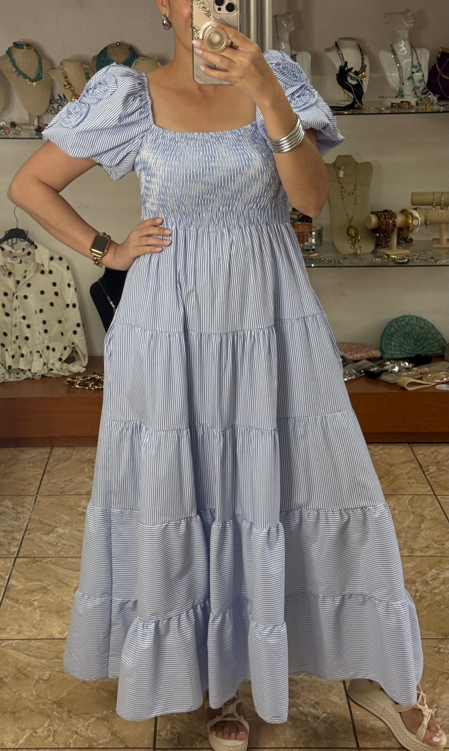 Blue Stripes Puff Sleeves OS Maxi Dress (NO RETURNS OR EXCHANGE)