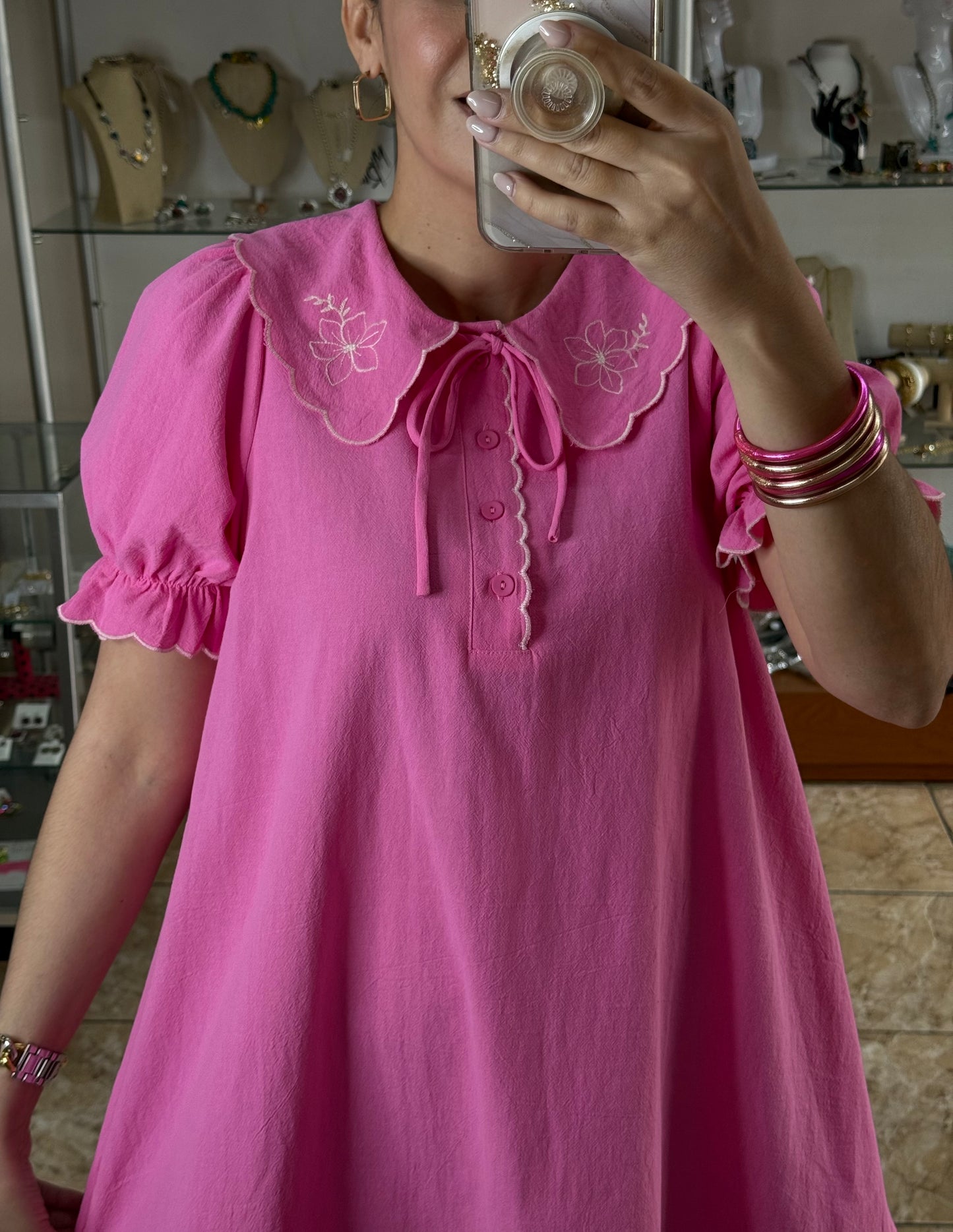 Pink Embroidered Collared Mini Dress