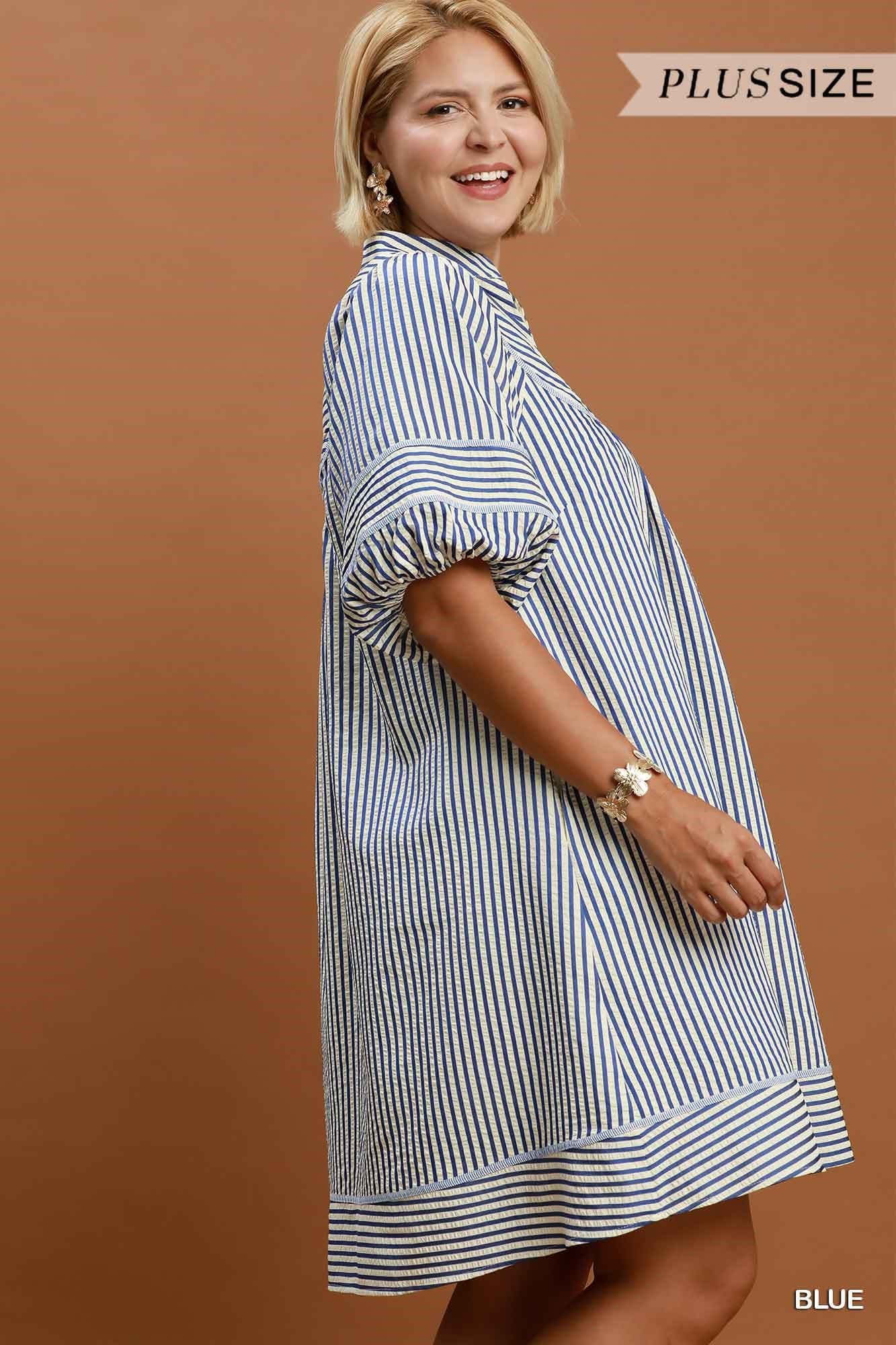 Blue Striped Puff Sleeve Shift Dress (PLUS)