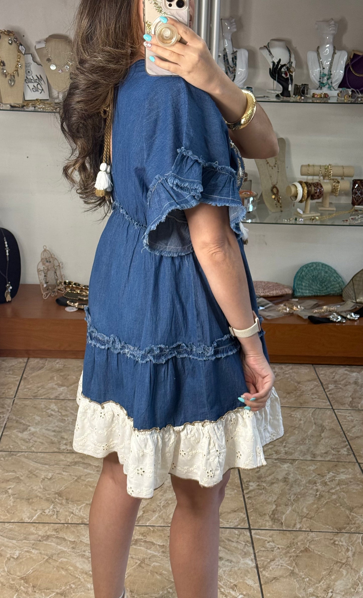 OS Short Embroidered Denim Dress (NO RETURNS OR EXCHANGE)