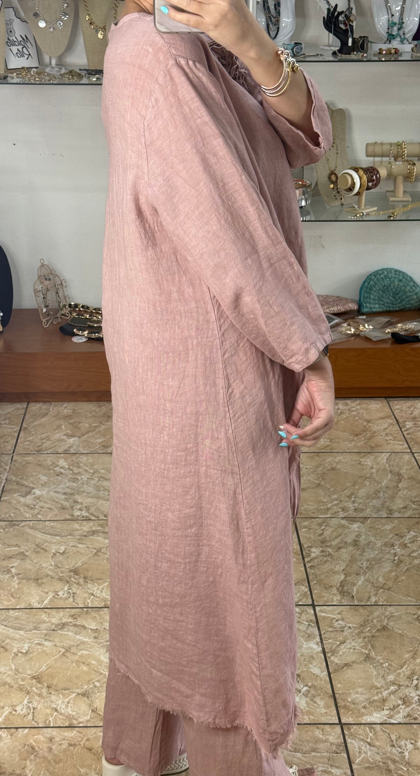 Dusty Rose OS Asymmetrical Top and Pant Linen Set (NO RETURNS OR EXCHANGE)