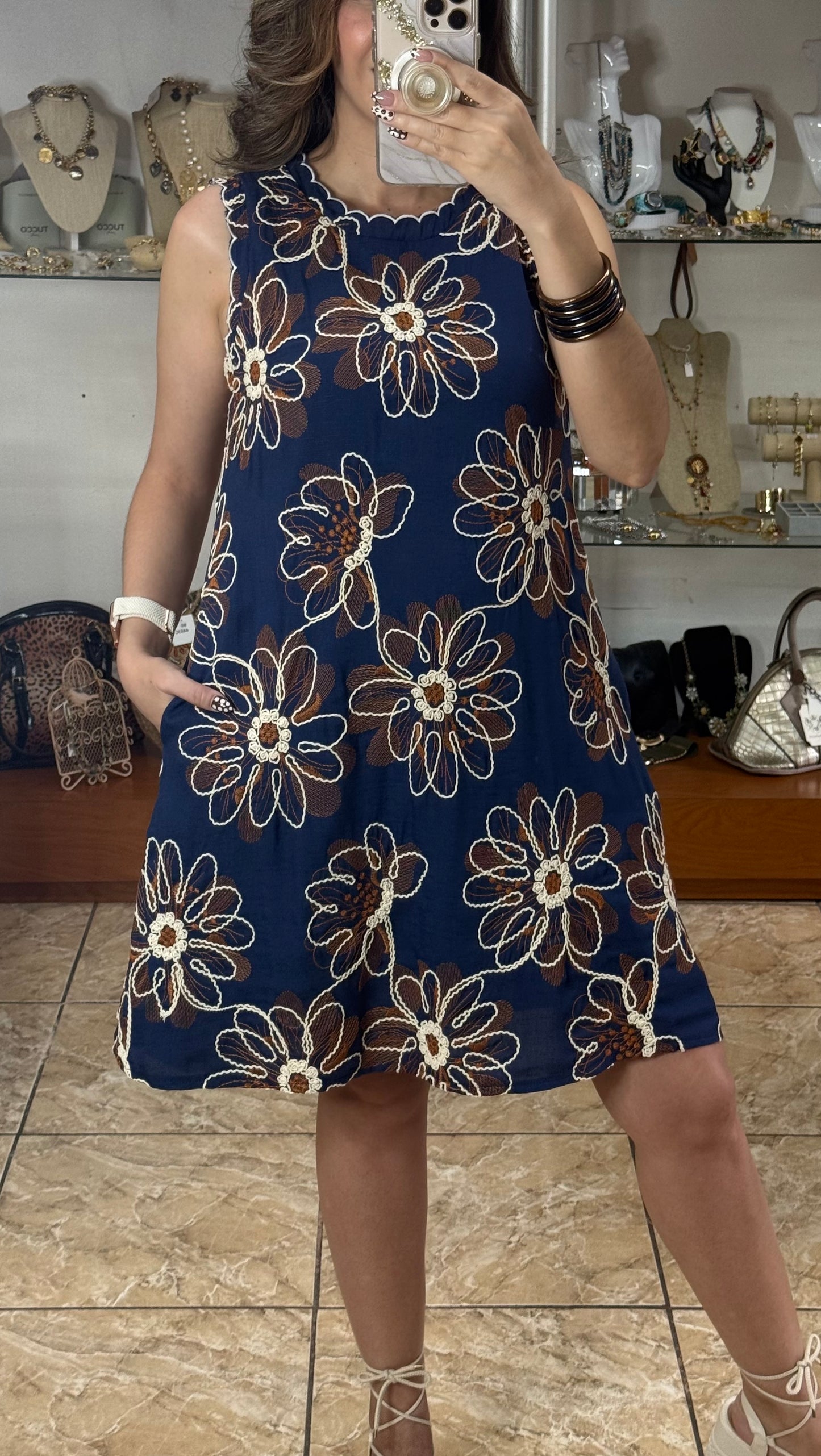 Navy Floral Embroidered Dress