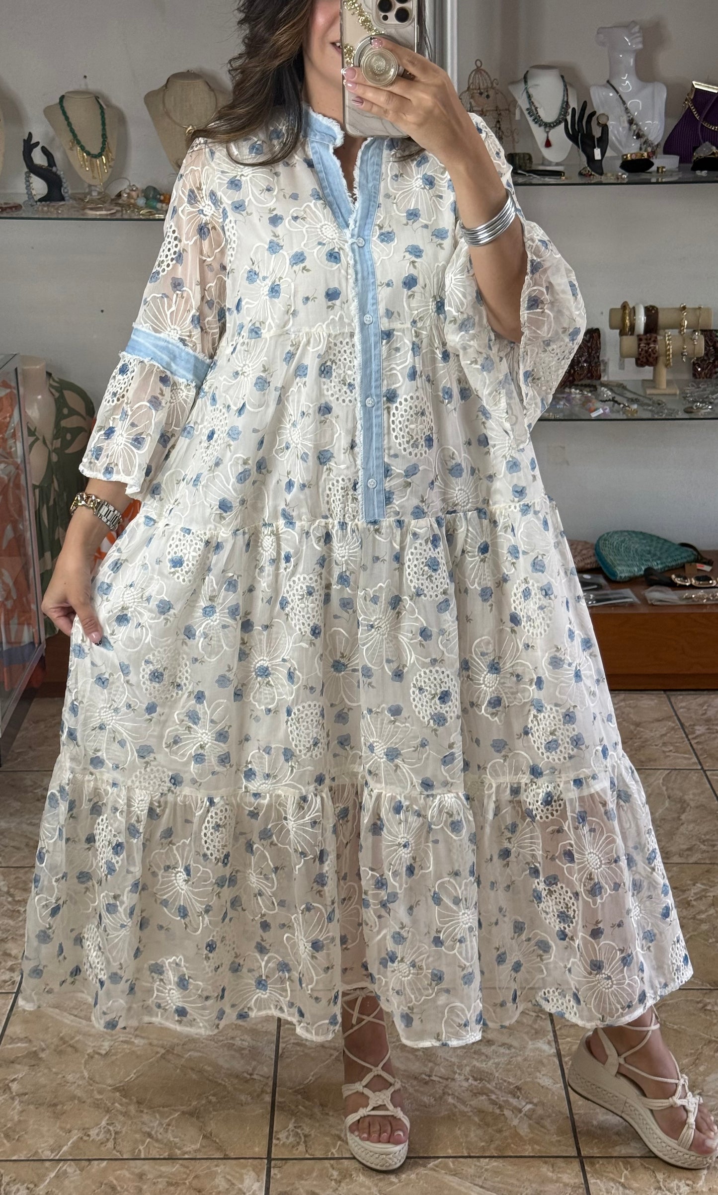 Blue Flowers OS Embroidered Maxi Dress (NO RETURNS OR EXCHANGE)