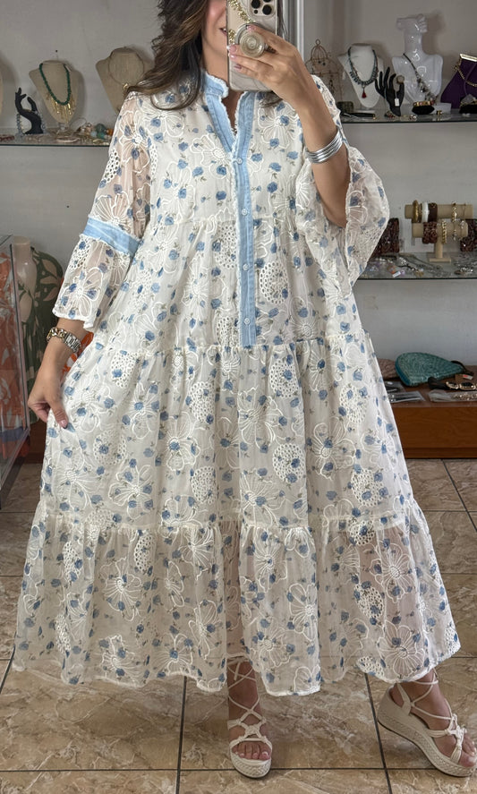 Blue Flowers OS Embroidered Maxi Dress (NO RETURNS OR EXCHANGE)