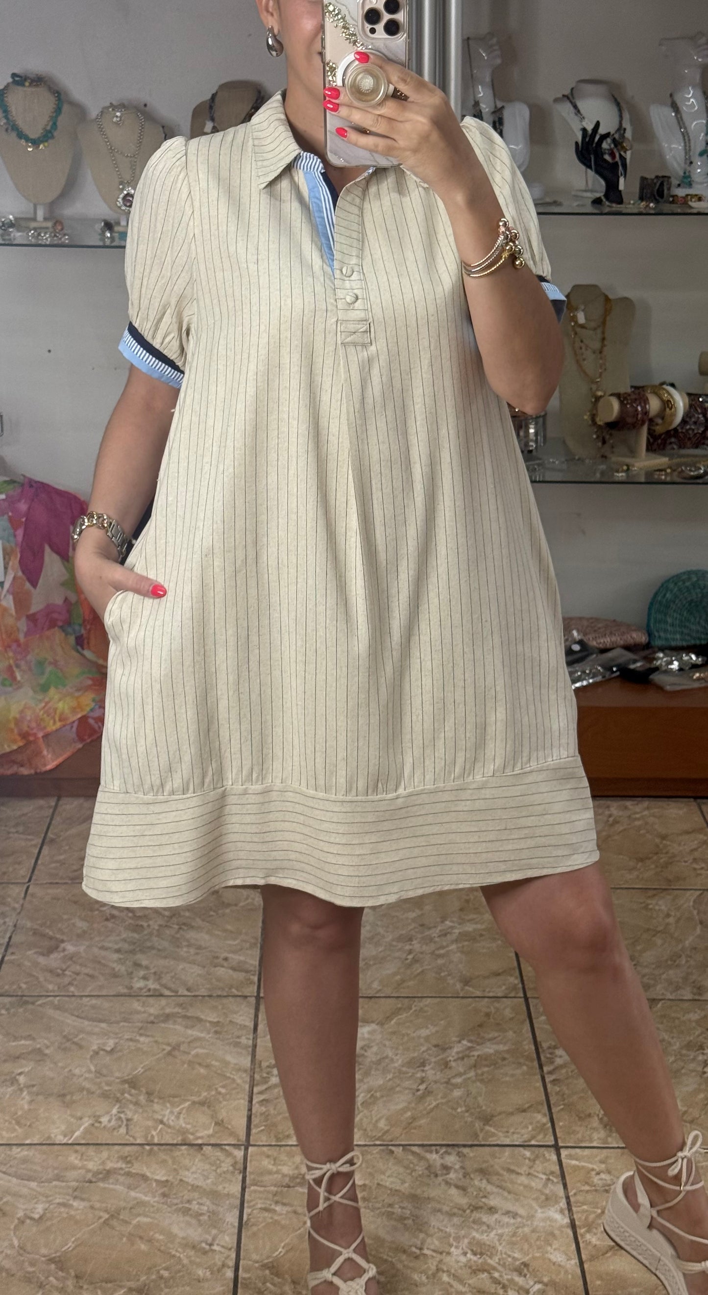 Oatmeal Linen Stripes Polo Dress