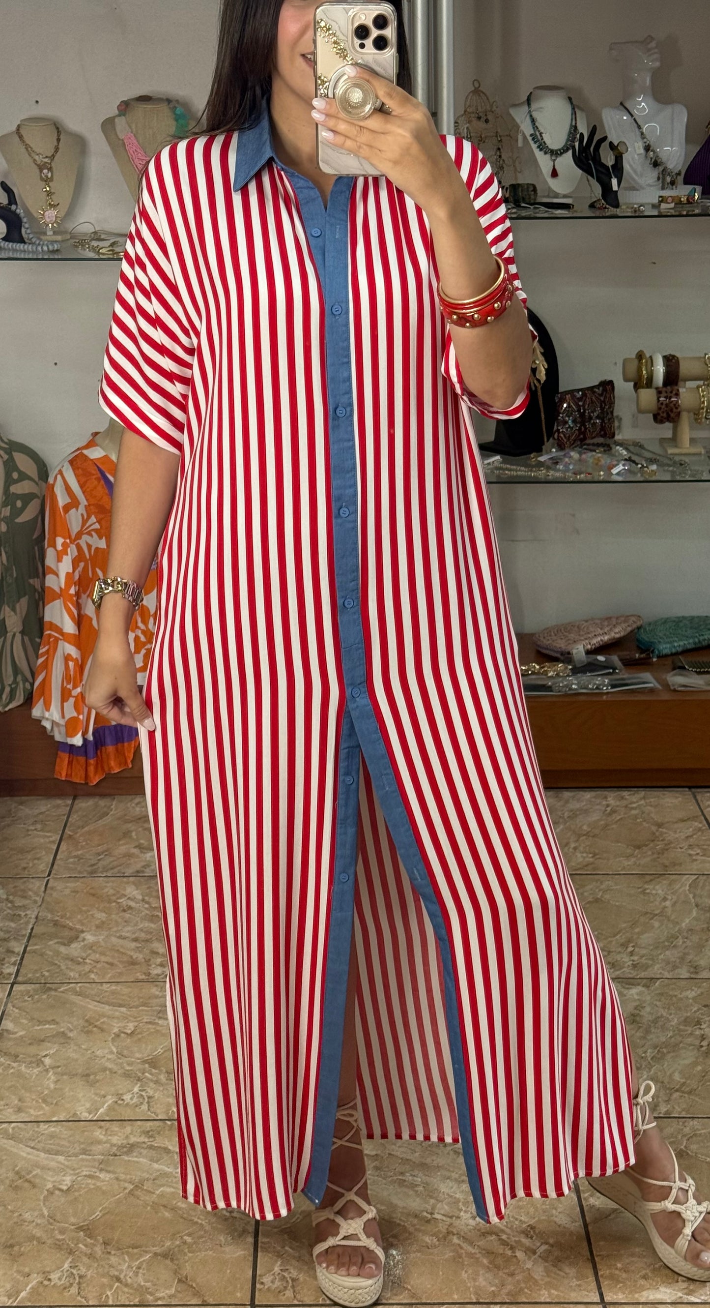 Red Stripes Button Down Maxi Dress