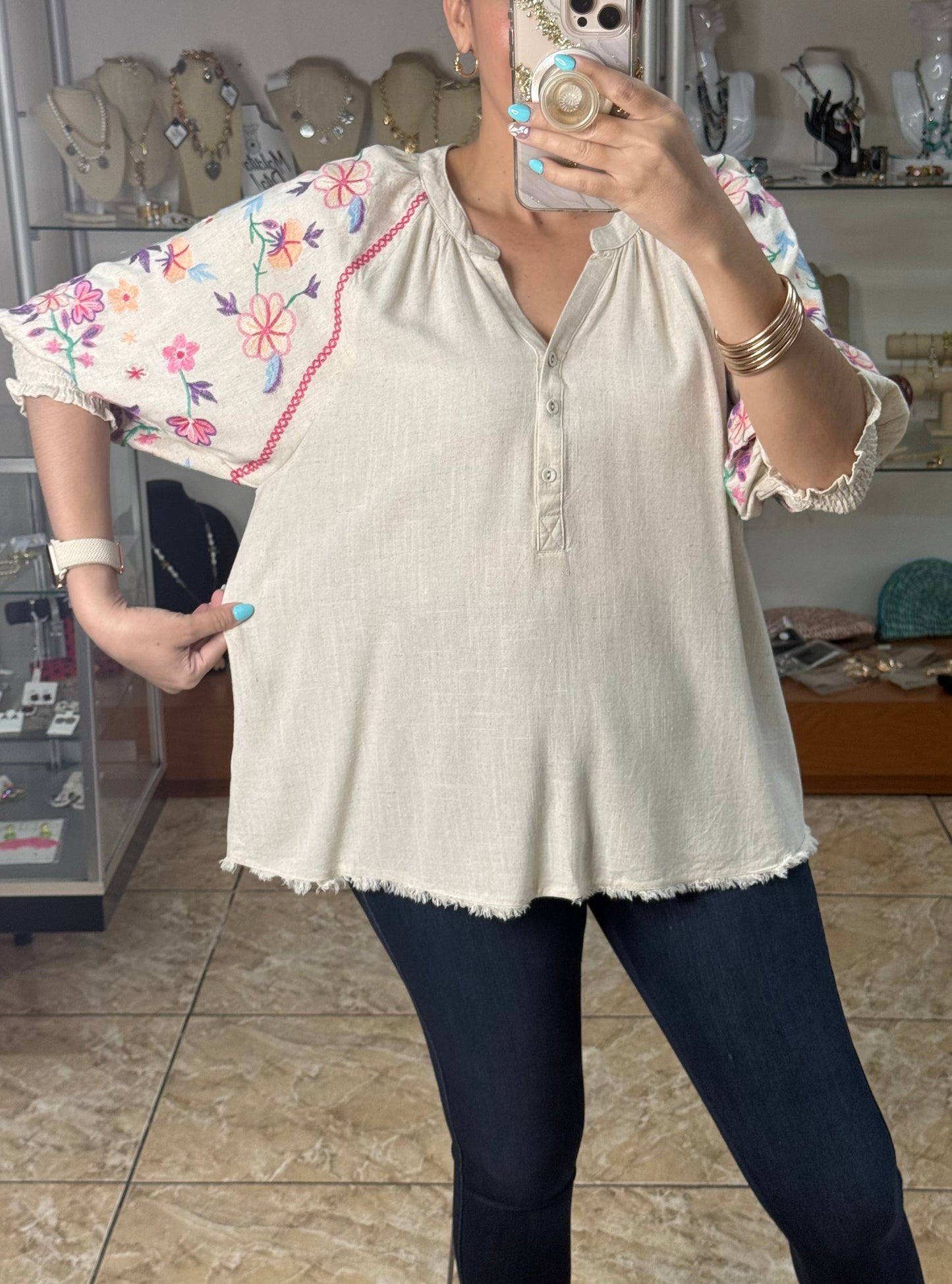 Cream Floral Embroidered Top