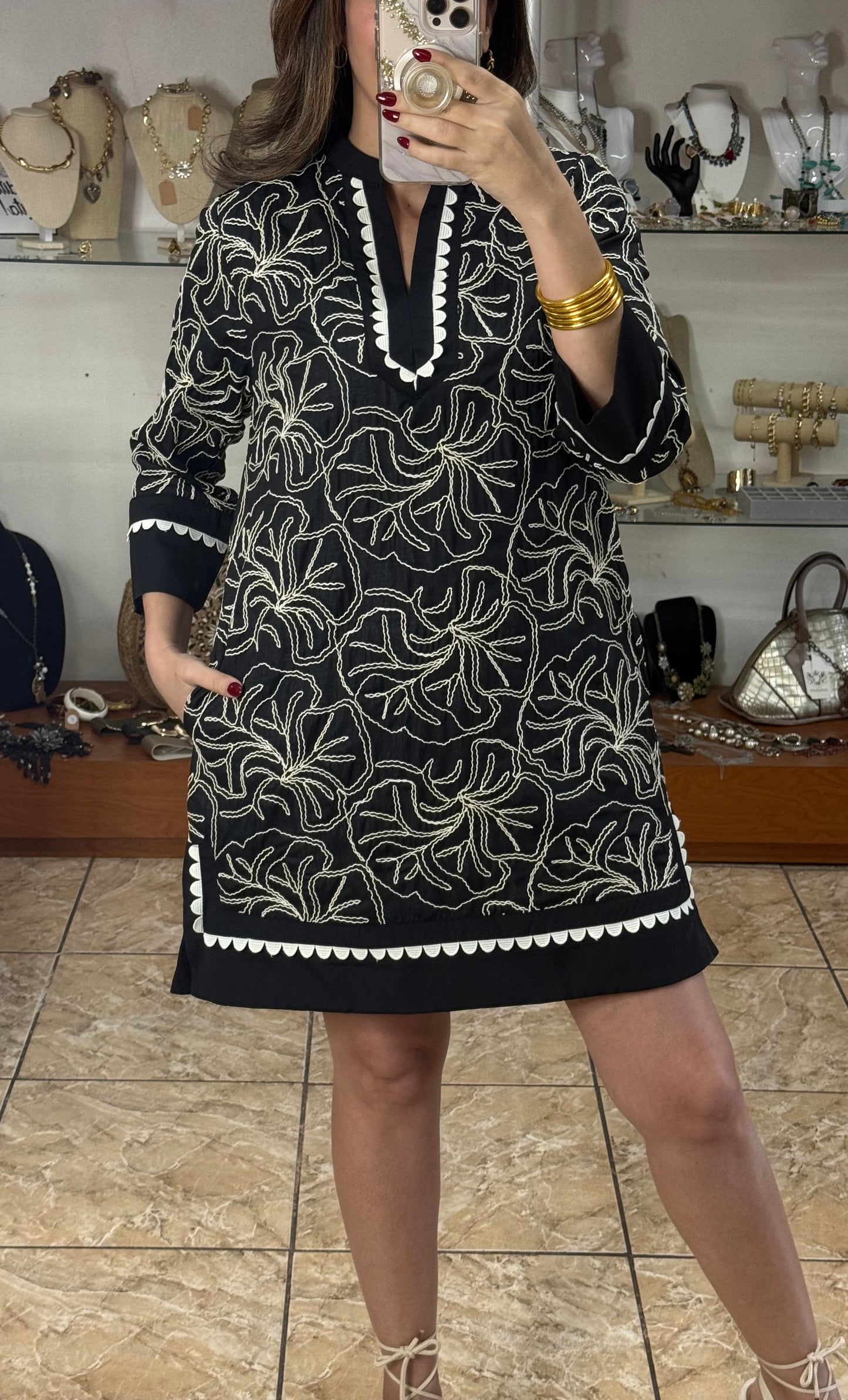 Black Embroidered Mini Dress