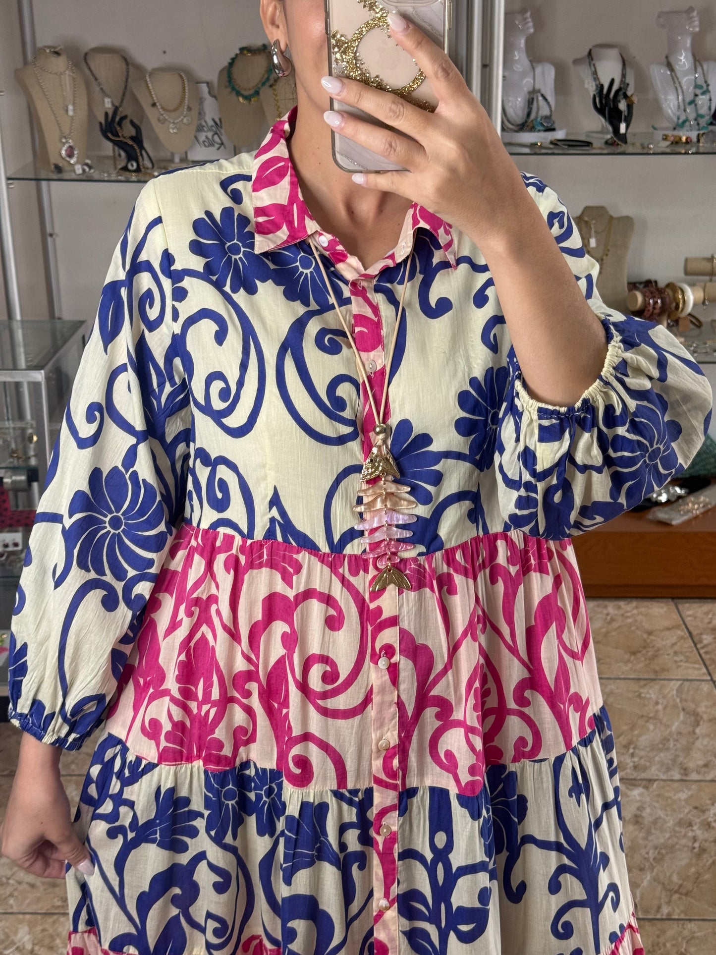 Blue/Pink Mix Button Down Maxi Dress