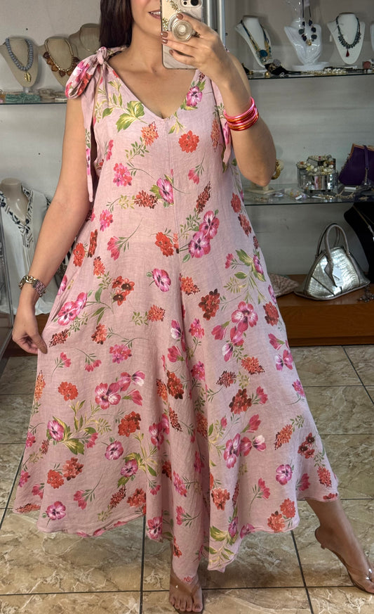 OS Dusty Rose Floral Linen Jumpsuit (NO RETURNS OR EXCHANGE)