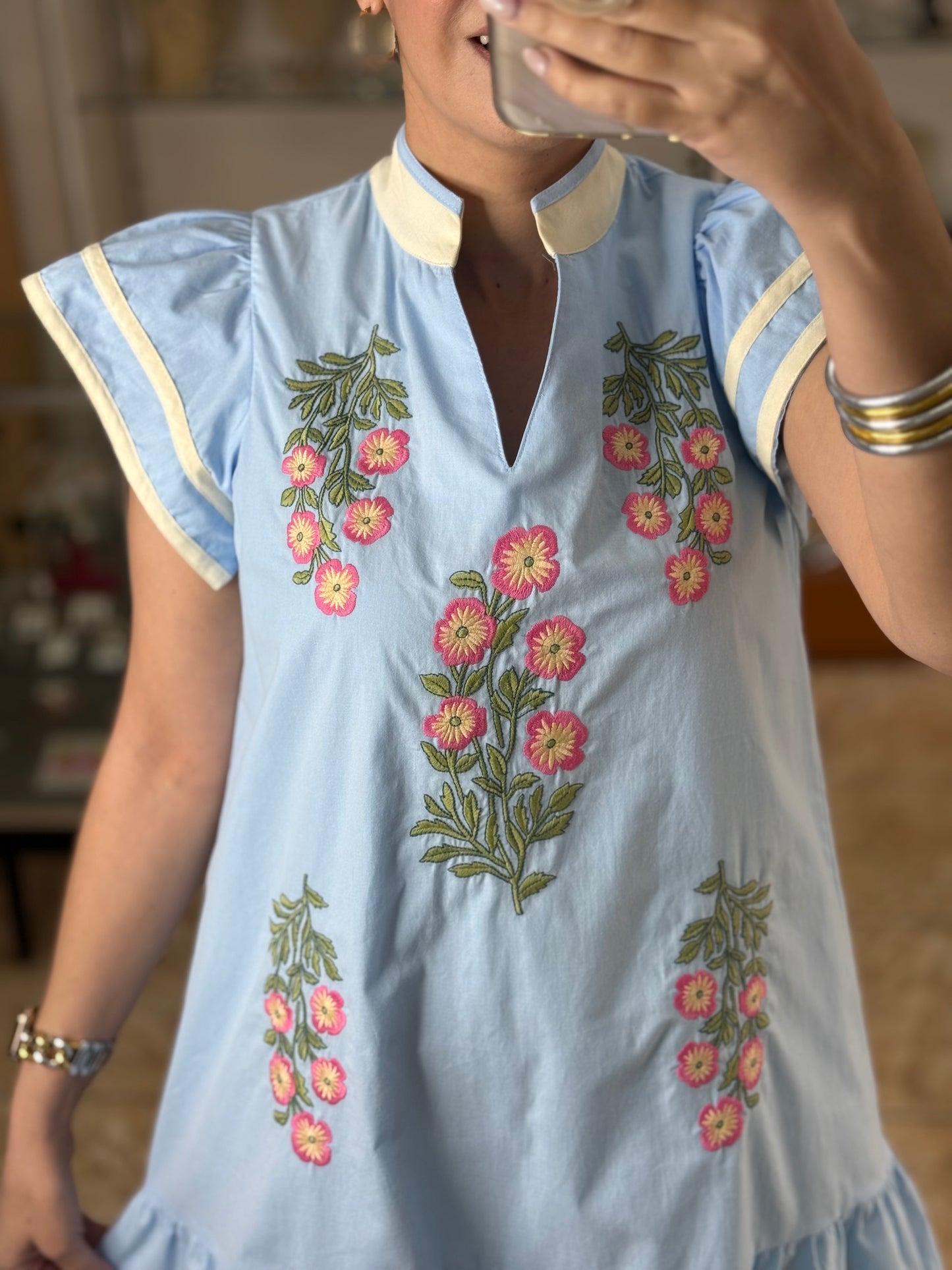 Sky Blue Floral Embroidered Mini Dress