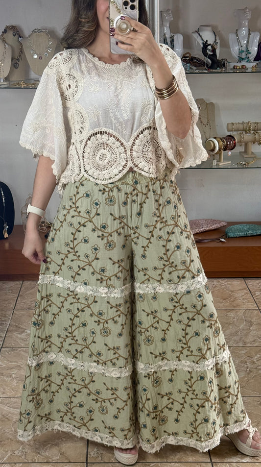 Green Floral Embroidered Pants