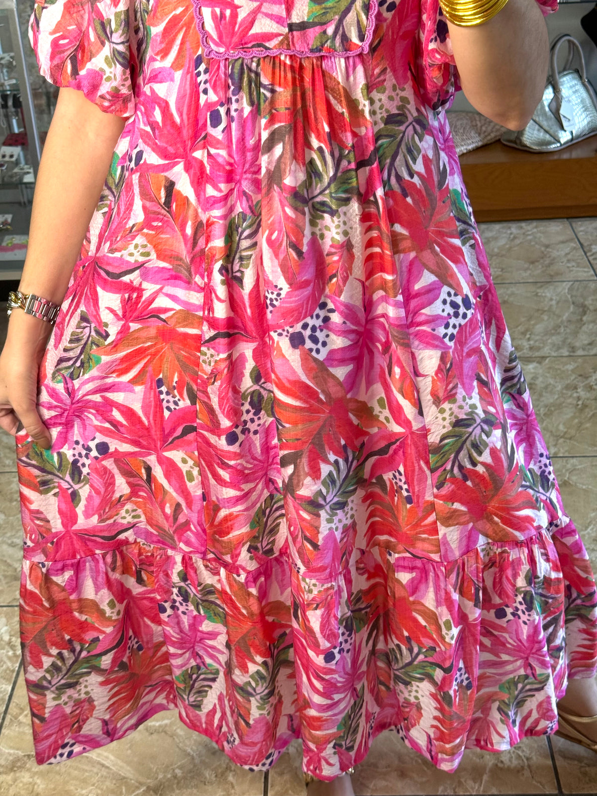 Hot Pink Tropical Midi Dress