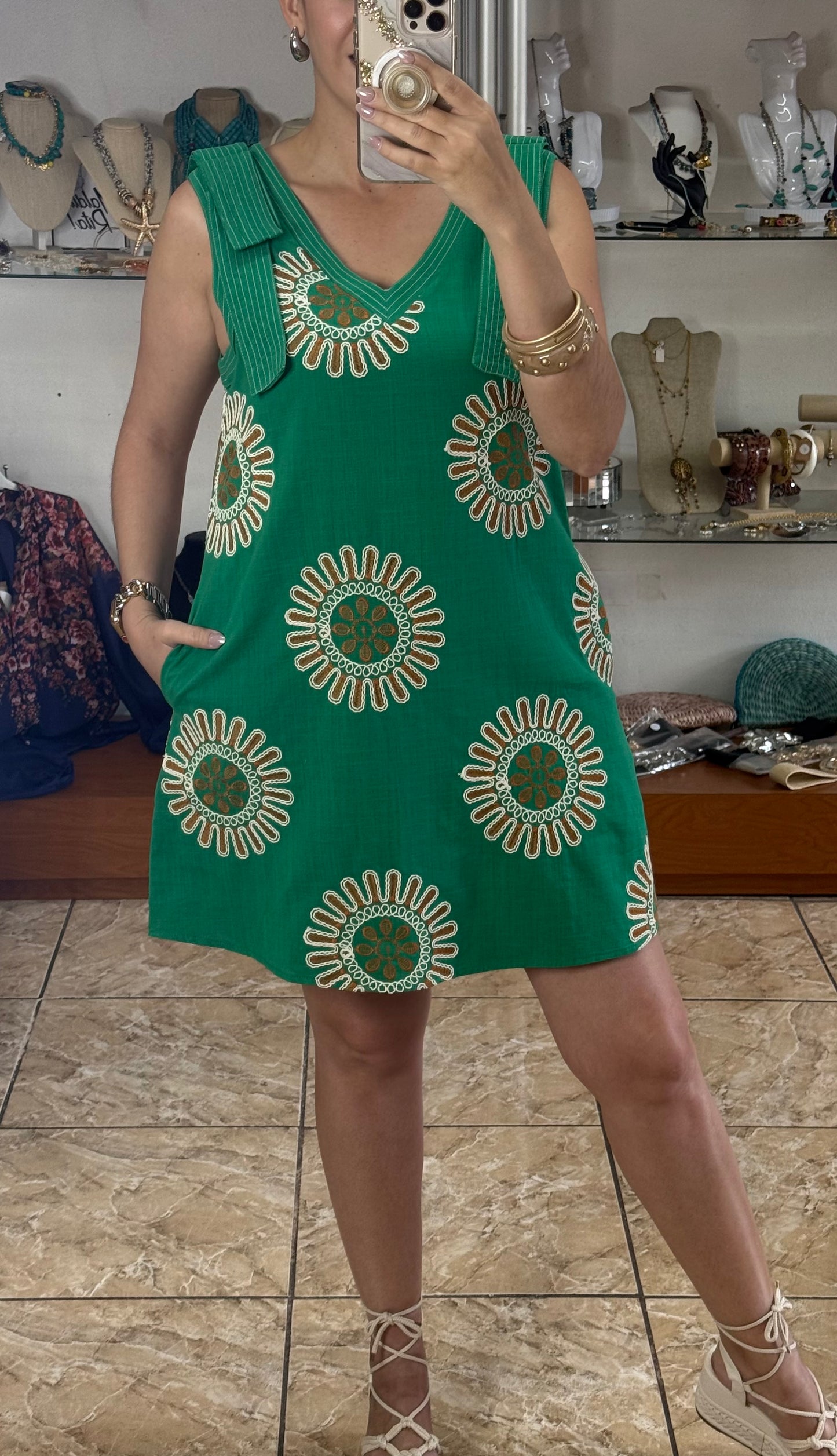 Green Sleeveless V-Neck Mini Dress