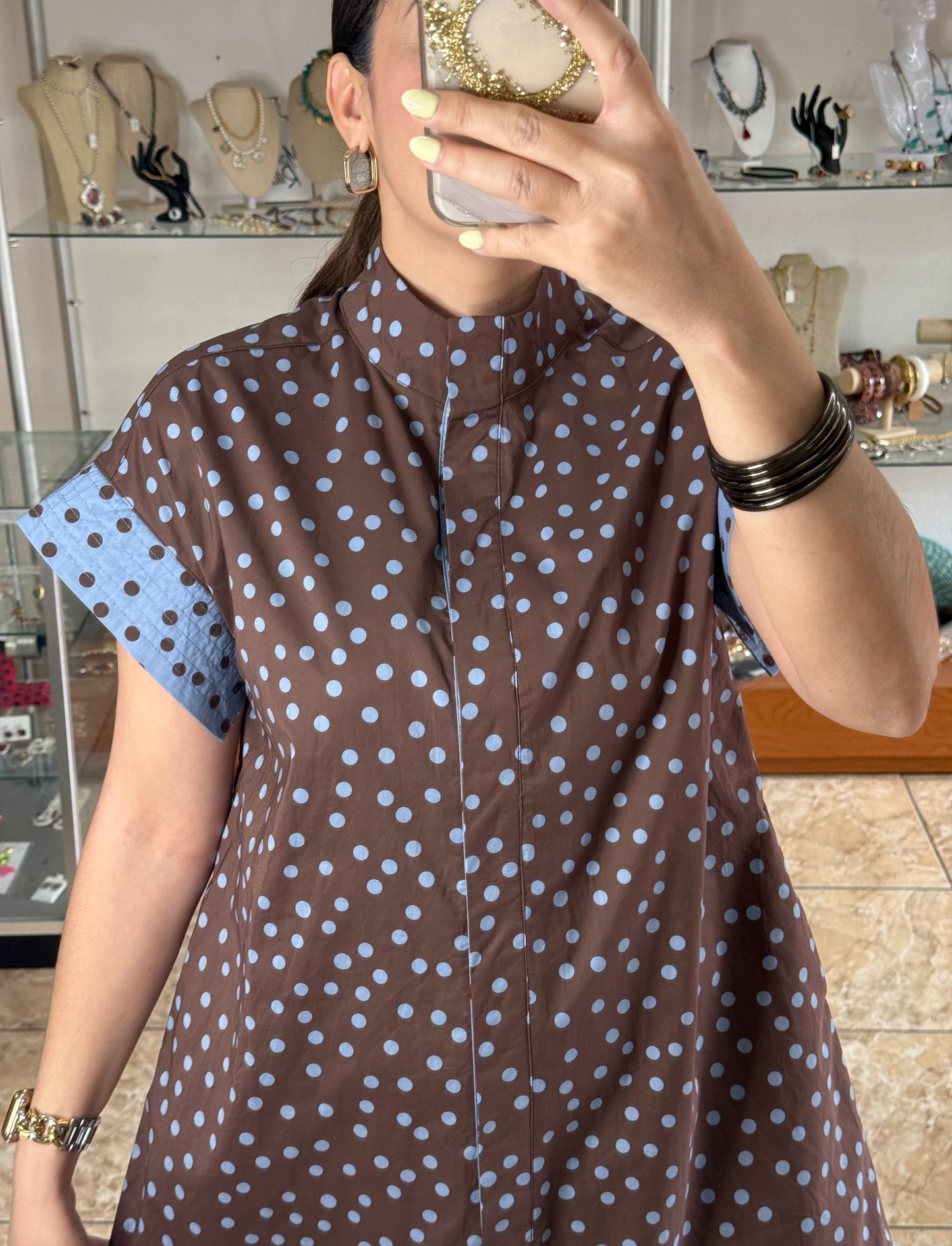Brown/Blue Polkadots Mini Dress