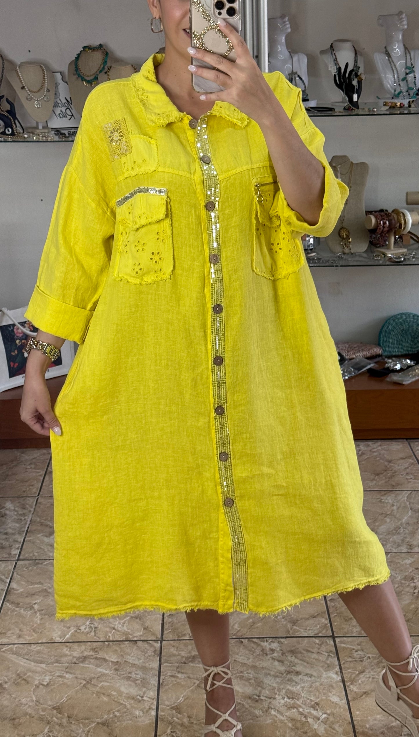 Long Sleeves OS Linen Midi Dress (NO RETURNS OR EXCHANGE)