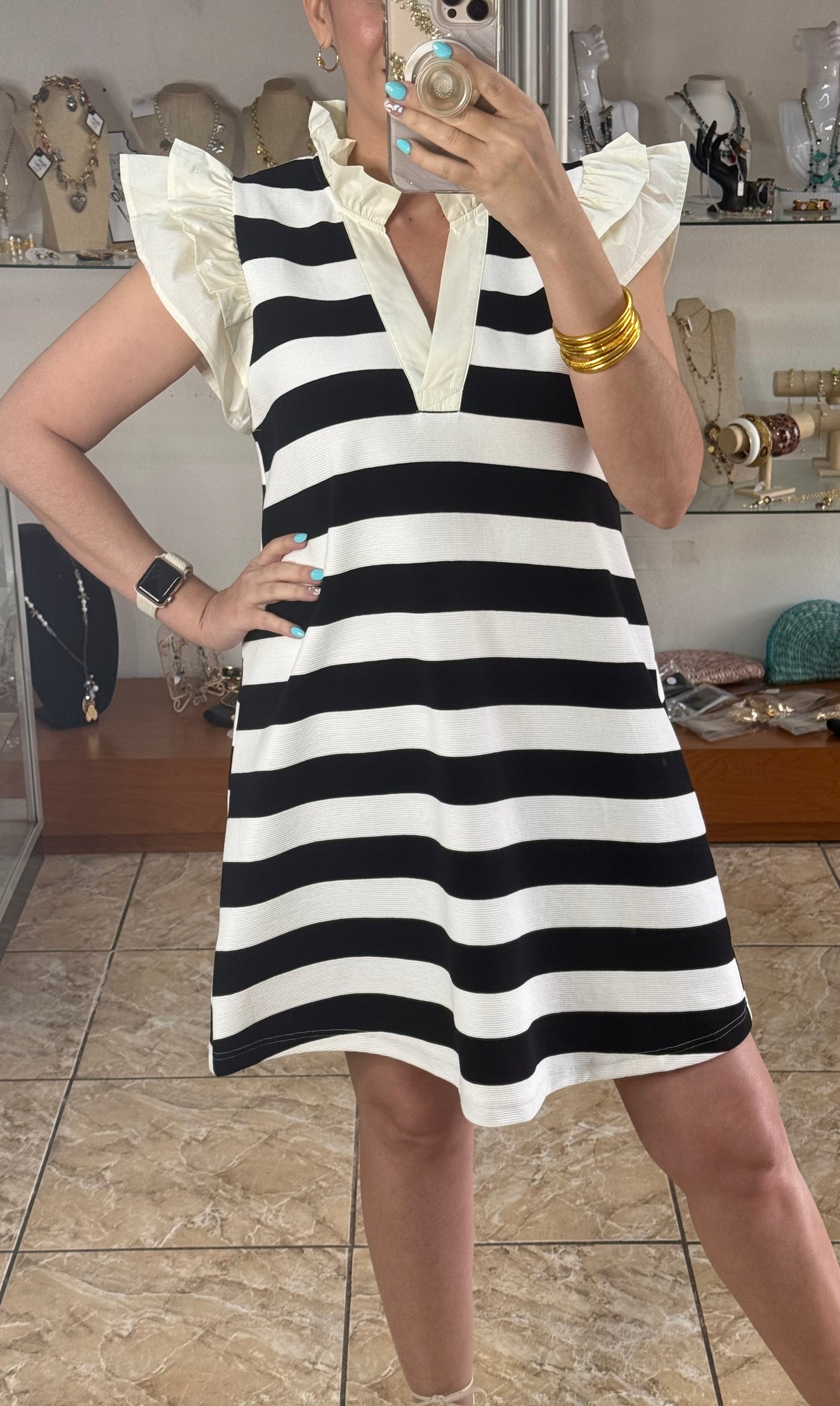 Ruffle Sleeve Black Stripes Dress