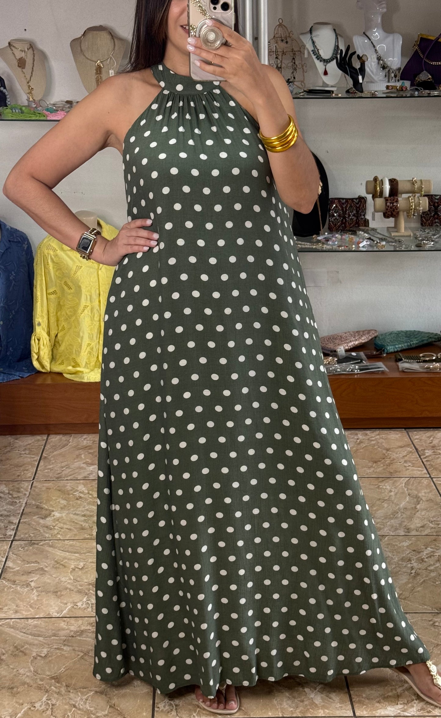Olive Polkadots Halter Maxi Dress