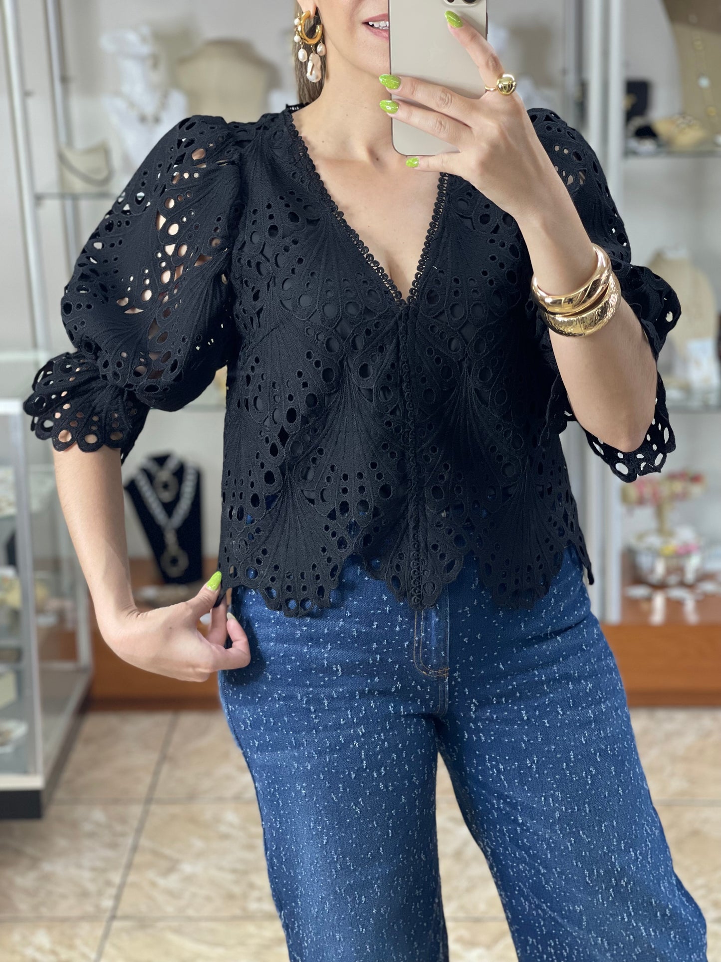 Puffy Sleeves Eyelet Top