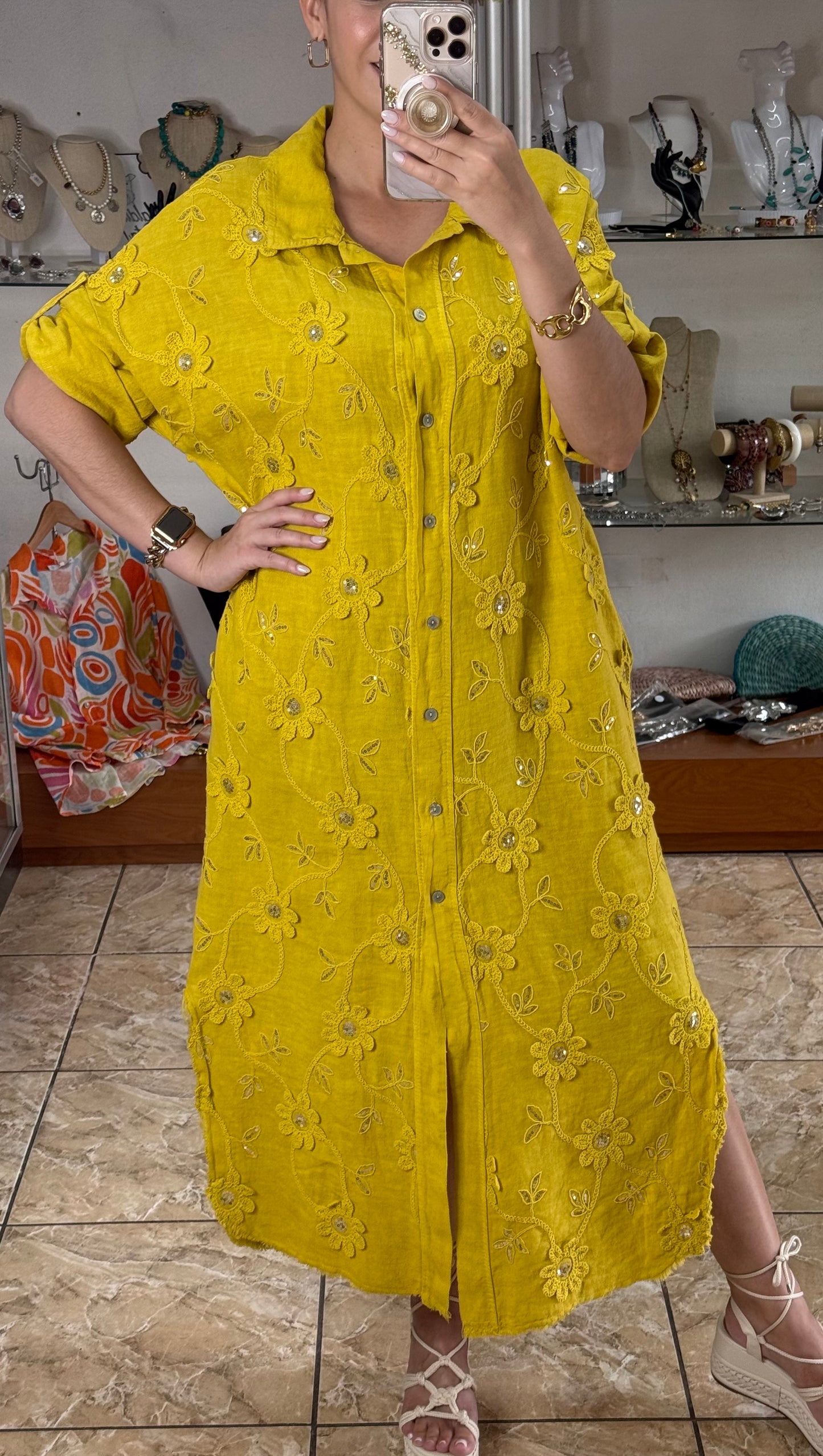 OS Embroidered/Sequins Linen Maxi Dress (NO RETURNS OR EXCHANGE)