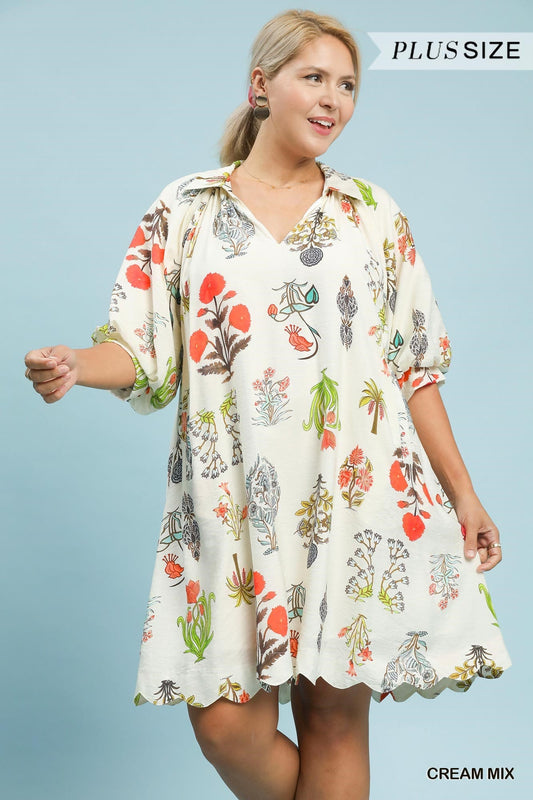 Cream Mix Floral Print Mini Dress (PLUS)