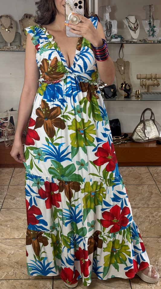 Tropical Floral Open Back Maxi Dress
