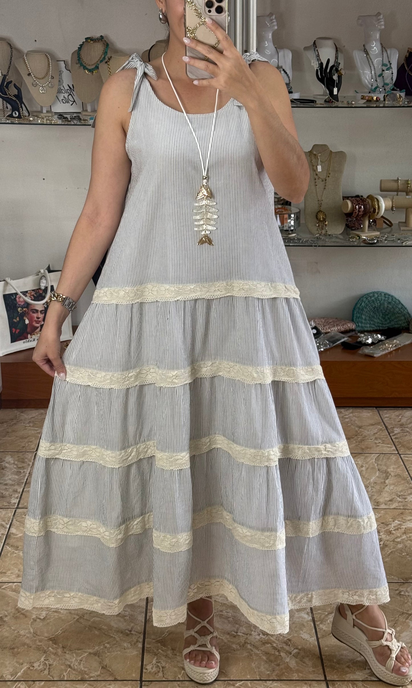 Blue/Cream Stripes with Lace Details Maxi Dress