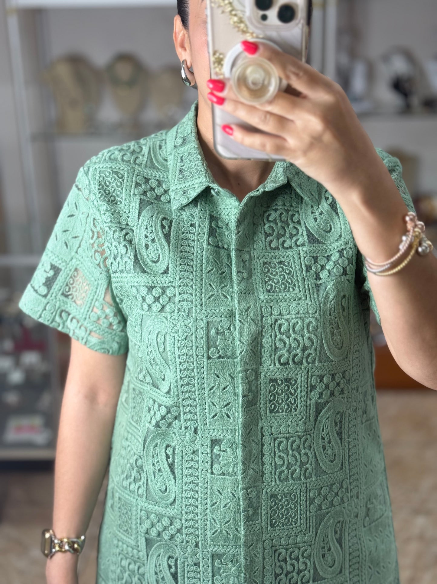 Sage Lace Button Down Dress