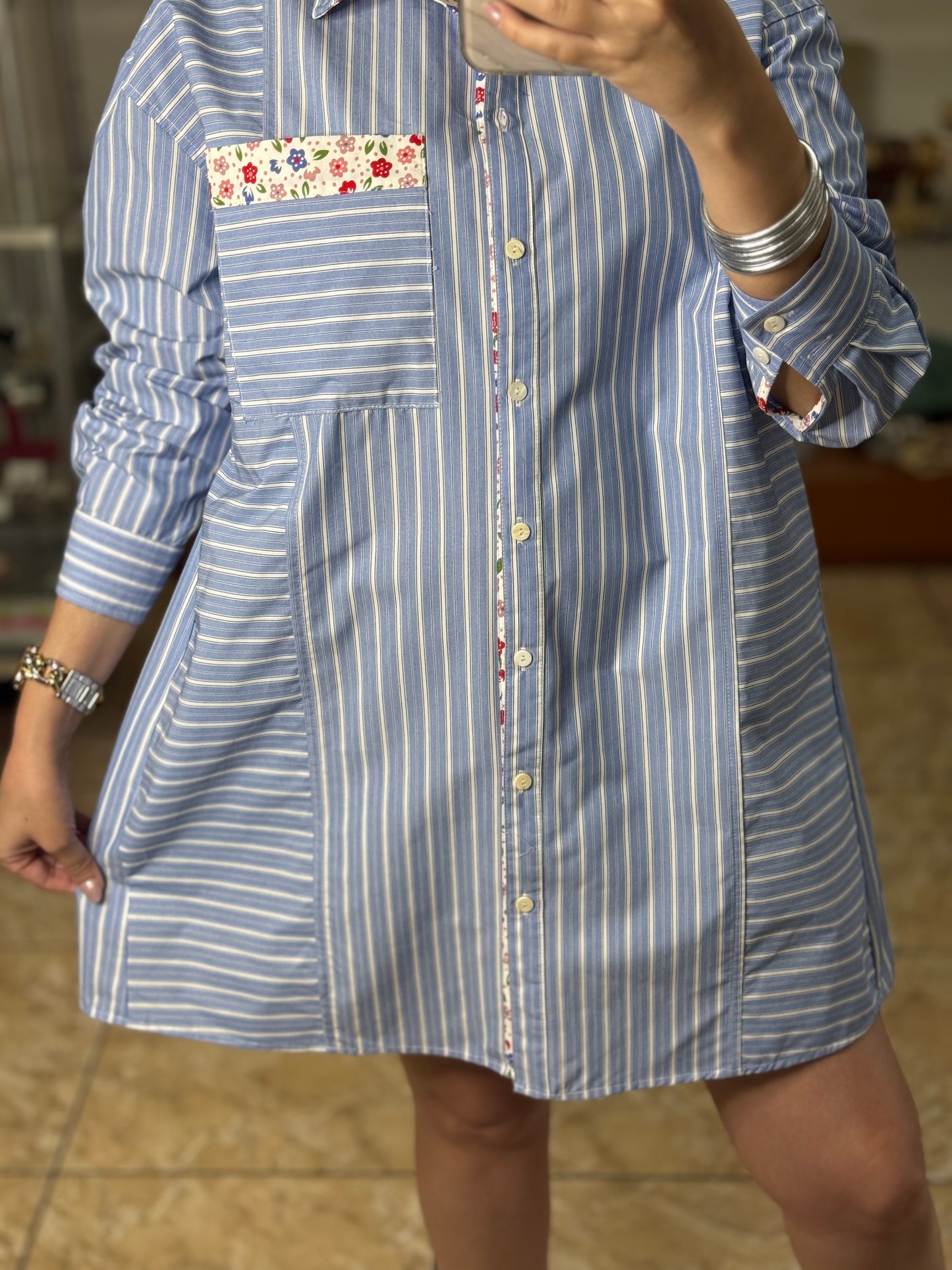 Stripes and Flowers Button Down Shirt Dress