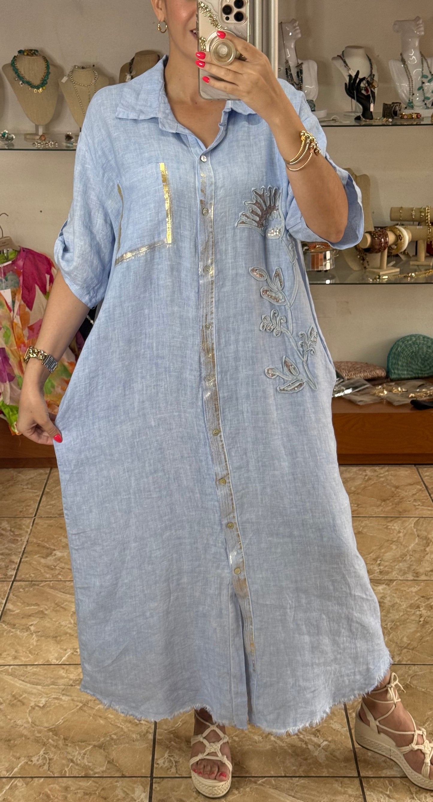 Gold Details Button Down OS Linen Maxi Dress (NO RETURNS OR EXCHANGE)