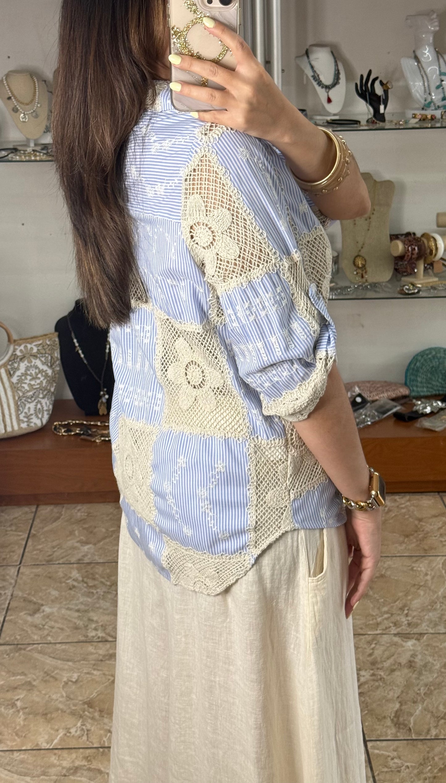 OS Striped Crochet/Embroidered Top (NO RETURNS OR EXCHANGE)