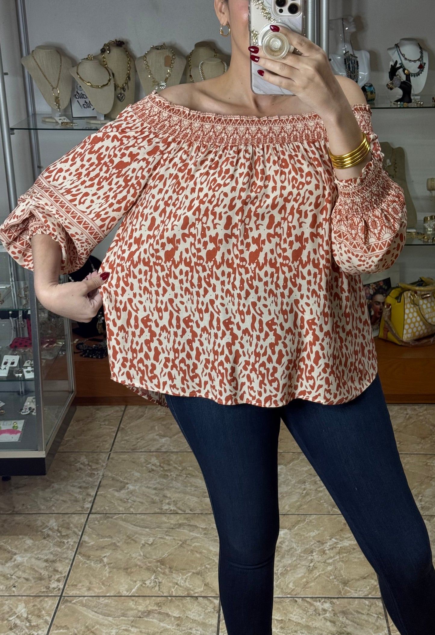 Salmon Mix Off Shoulder Top
